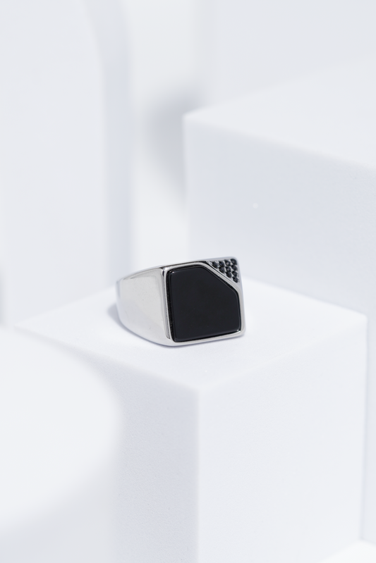 Black Cut Stone Silver Stainless Steel Ring For Men. worldjewel.in men's ring