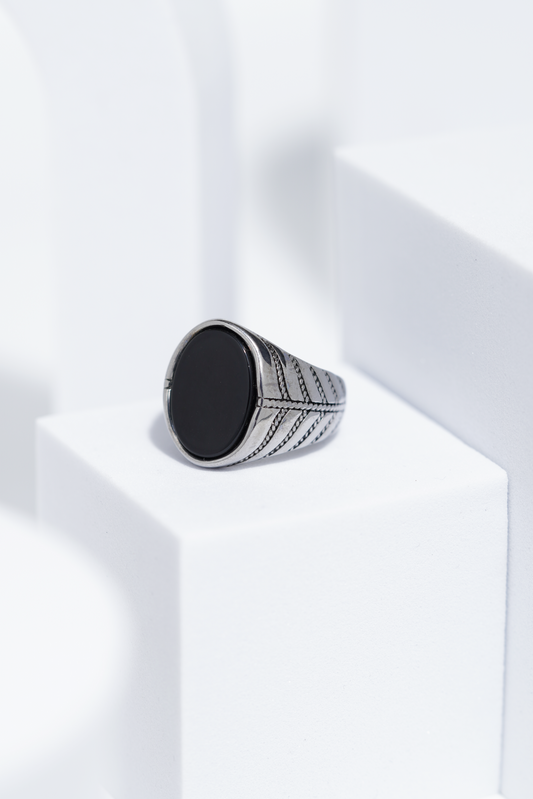 Black Flat Oval Stone In Sliver Color Stainless Steel Ring For Men. worldjewel.in men's ring