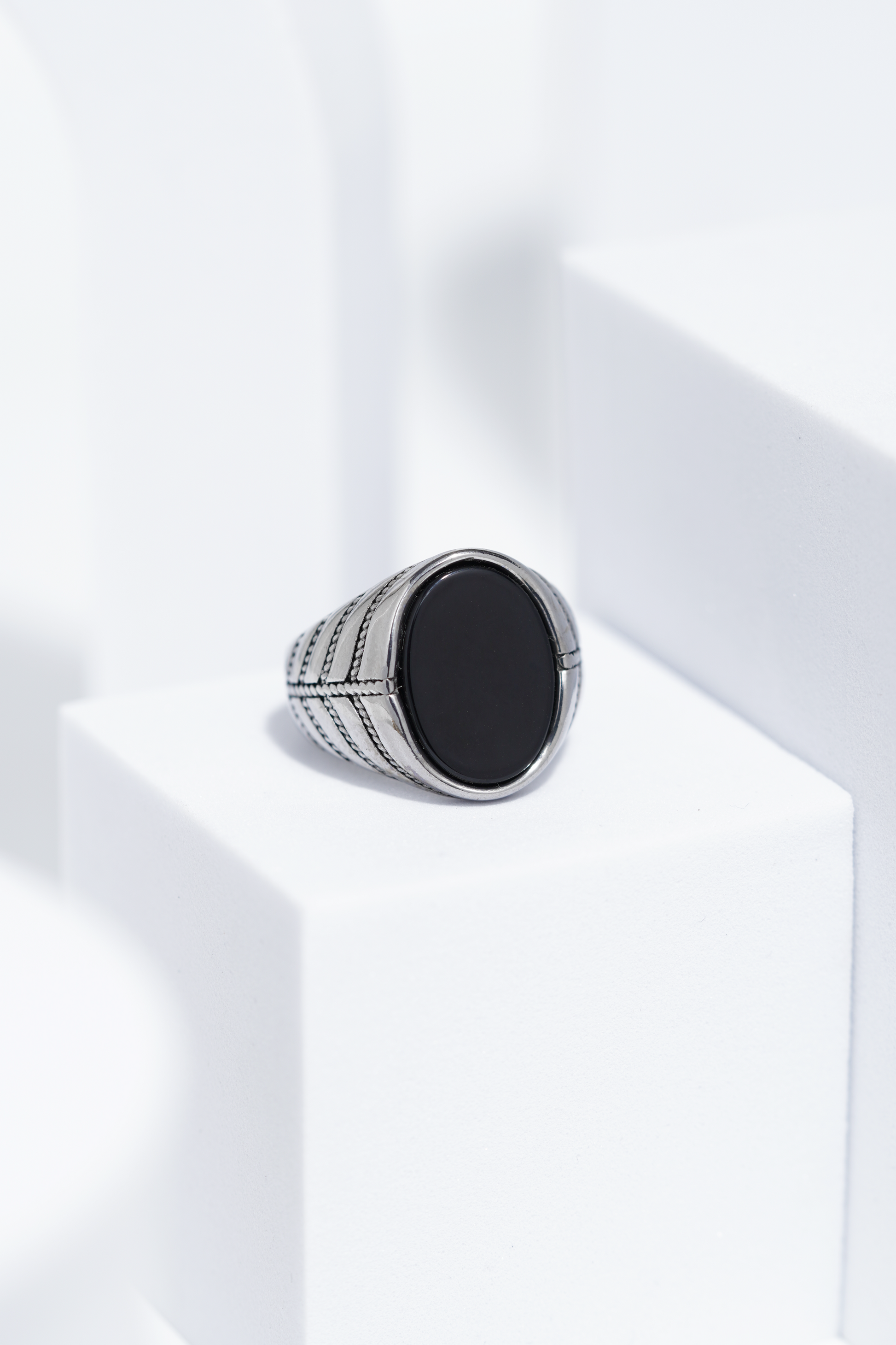 Black Flat Oval Stone In Sliver Color Stainless Steel Ring For Men. worldjewel.in men's ring