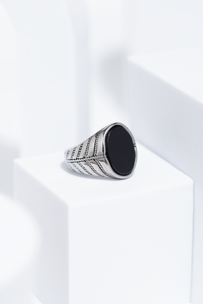 Black Flat Oval Stone In Sliver Color Stainless Steel Ring For Men. worldjewel.in men's ring