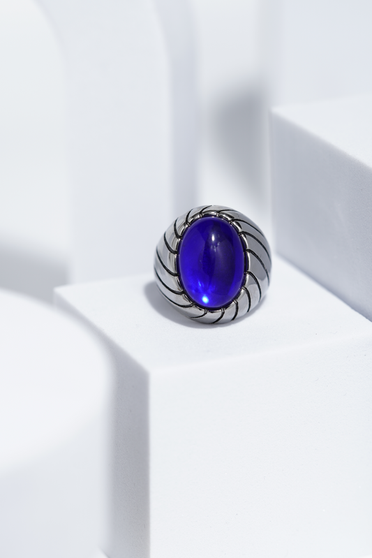 Blue Clear Oval Stone In Sliver Color Stainless Steel Ring For Men. worldjewel.in men's ring