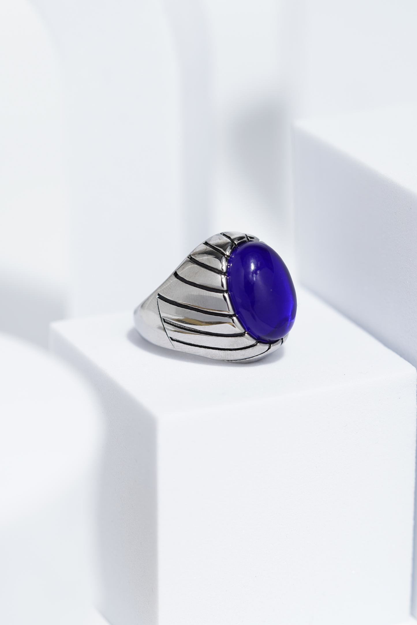 Blue Clear Oval Stone In Sliver Color Stainless Steel Ring For Men. worldjewel.in men's ring
