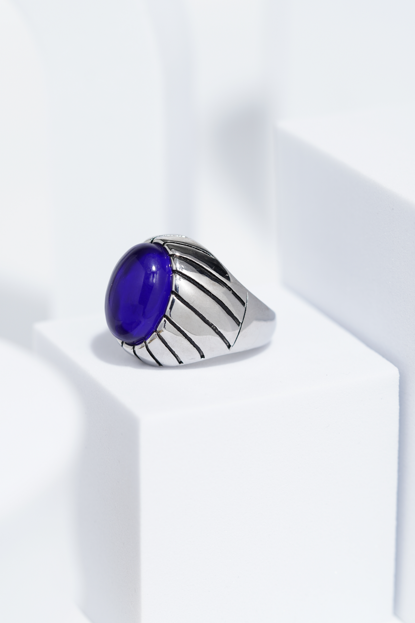 Blue Clear Oval Stone In Sliver Color Stainless Steel Ring For Men. worldjewel.in men's ring