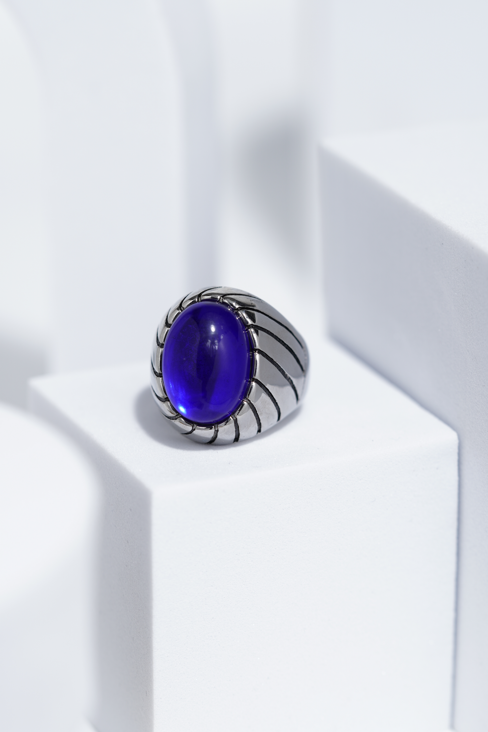 Blue Clear Oval Stone In Sliver Color Stainless Steel Ring For Men. worldjewel.in men's ring