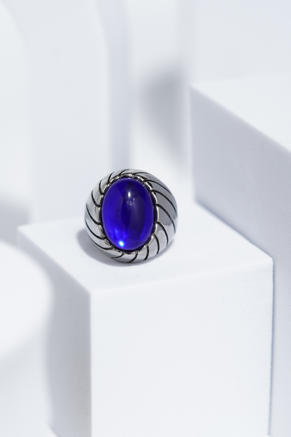 Blue Clear Oval Stone In Sliver Color Stainless Steel Ring For Men. worldjewel.in men's ring