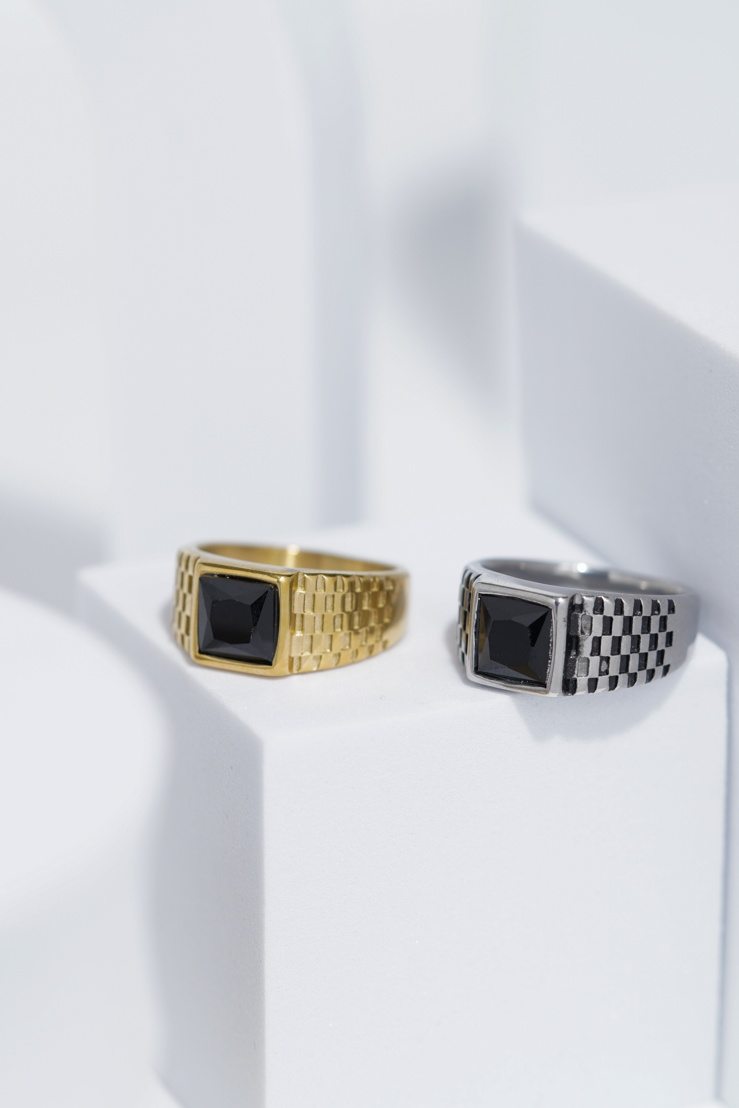Black Square Stone With Gold And Silver Stainless Steel Ring For Men. worldjewel.in men's ring
