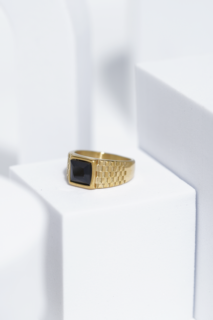 Black Square Stone With Gold And Silver Stainless Steel Ring For Men. worldjewel.in men's ring