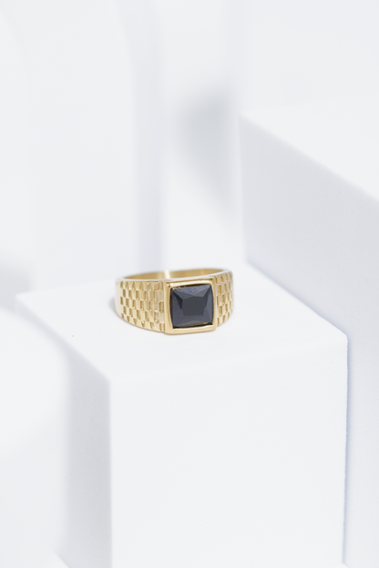 Black Square Stone With Gold And Silver Stainless Steel Ring For Men. worldjewel.in men's ring