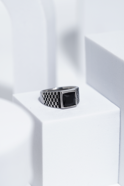 Black Square Stone With Gold And Silver Stainless Steel Ring For Men. worldjewel.in men's ring