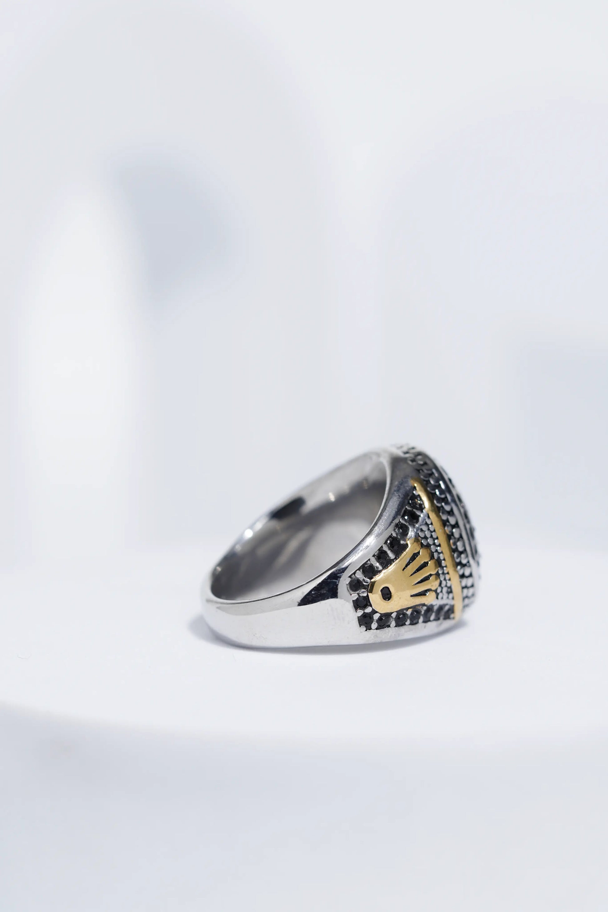 Diamond Studded Silver & Golden Textured Stainless Steel Ring For Men. worldjewel.in men's ring