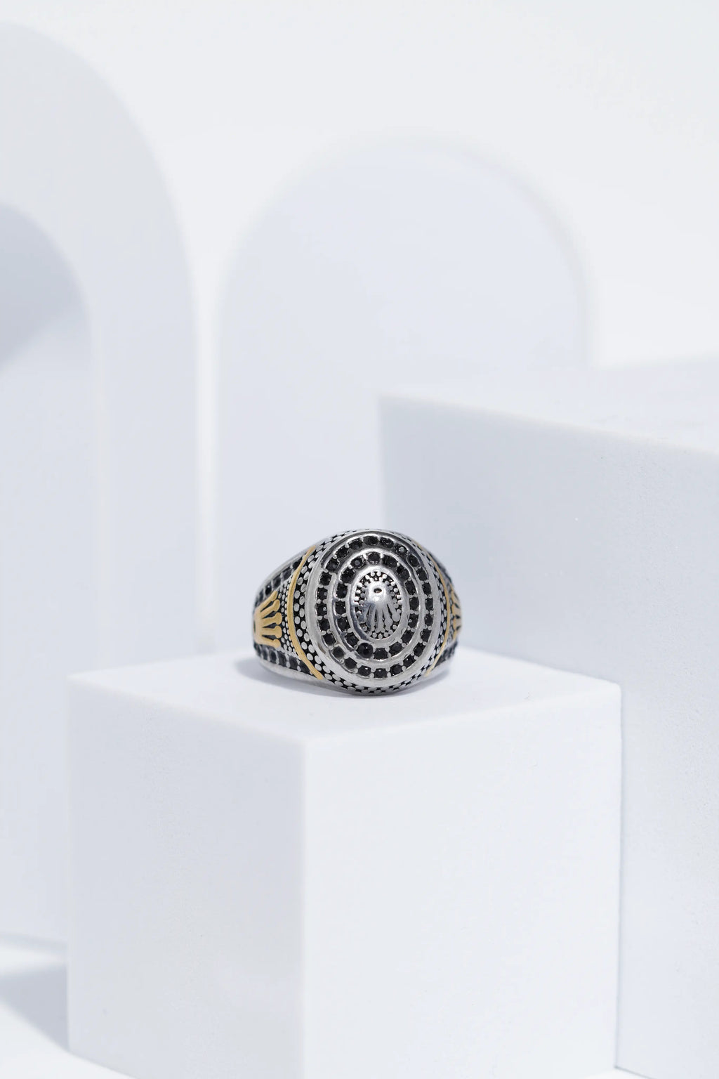 Diamond Studded Silver & Golden Textured Stainless Steel Ring For Men. worldjewel.in men's ring
