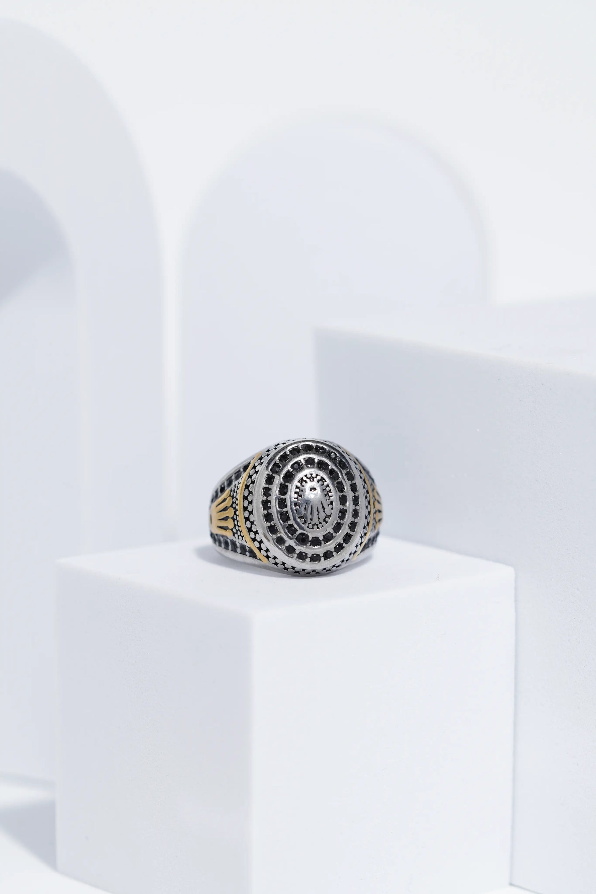 Diamond Studded Silver & Golden Textured Stainless Steel Ring For Men. worldjewel.in men's ring