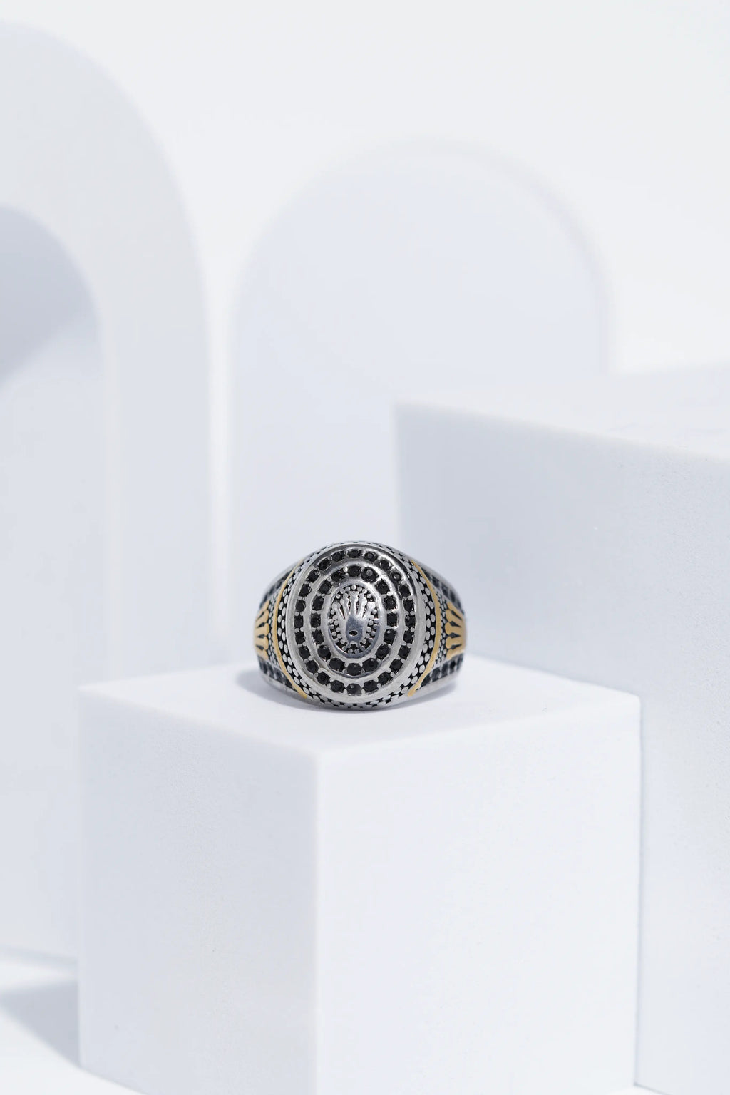 Diamond Studded Silver & Golden Textured Stainless Steel Ring For Men. worldjewel.in men's ring