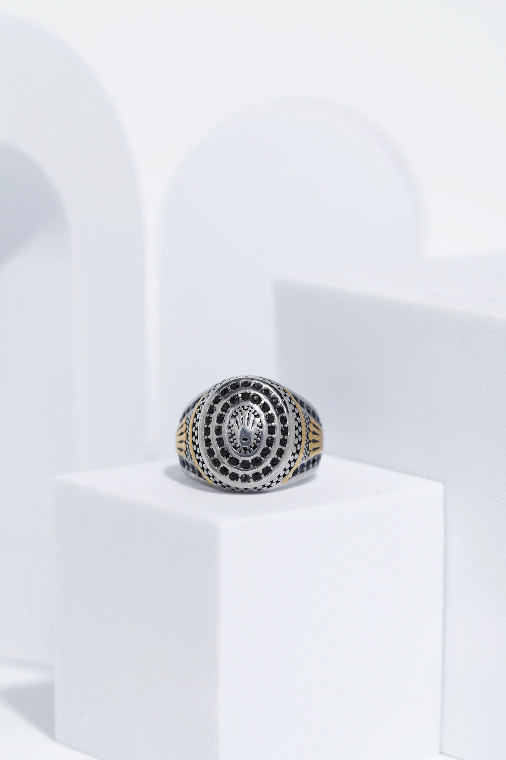 Diamond Studded Silver & Golden Textured Stainless Steel Ring For Men. worldjewel.in men's ring