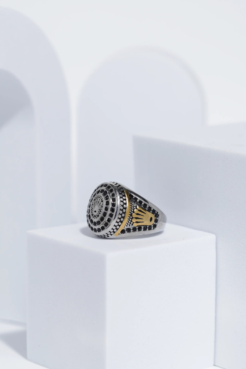Diamond Studded Silver & Golden Textured Stainless Steel Ring For Men. worldjewel.in men's ring