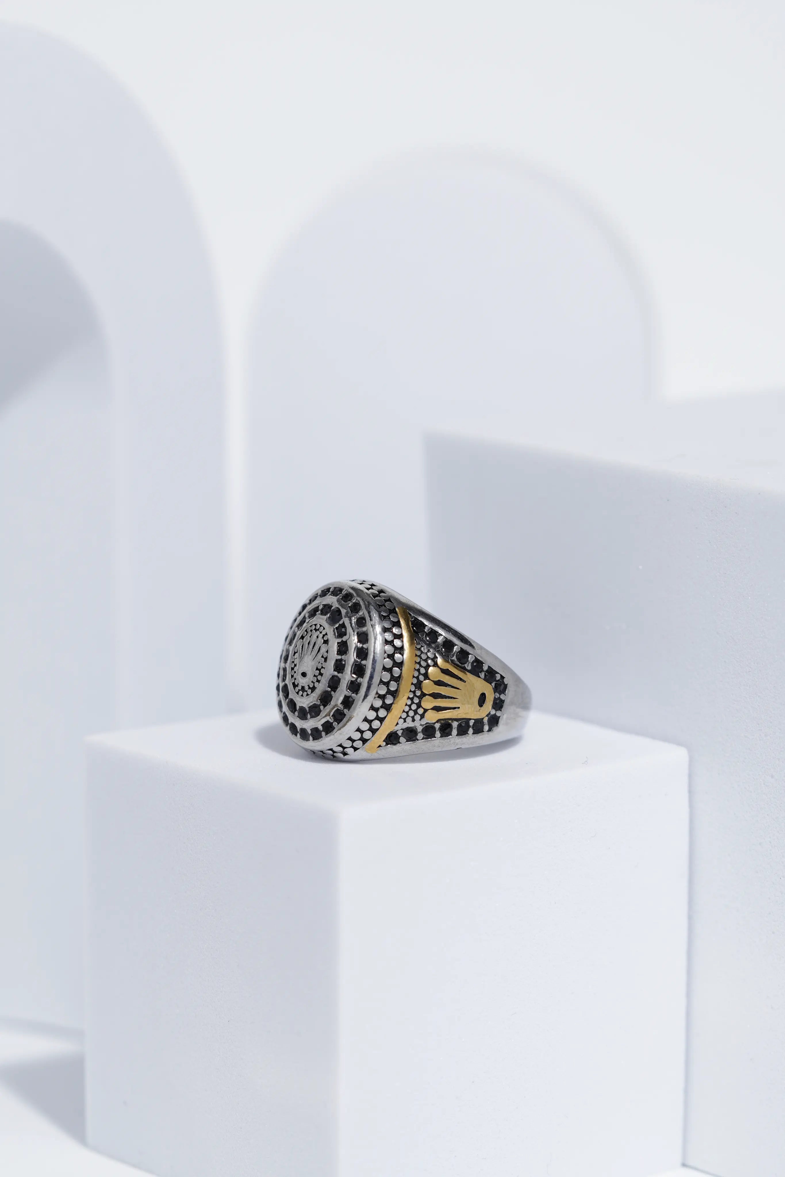 Diamond Studded Silver & Golden Textured Stainless Steel Ring For Men. worldjewel.in men's ring