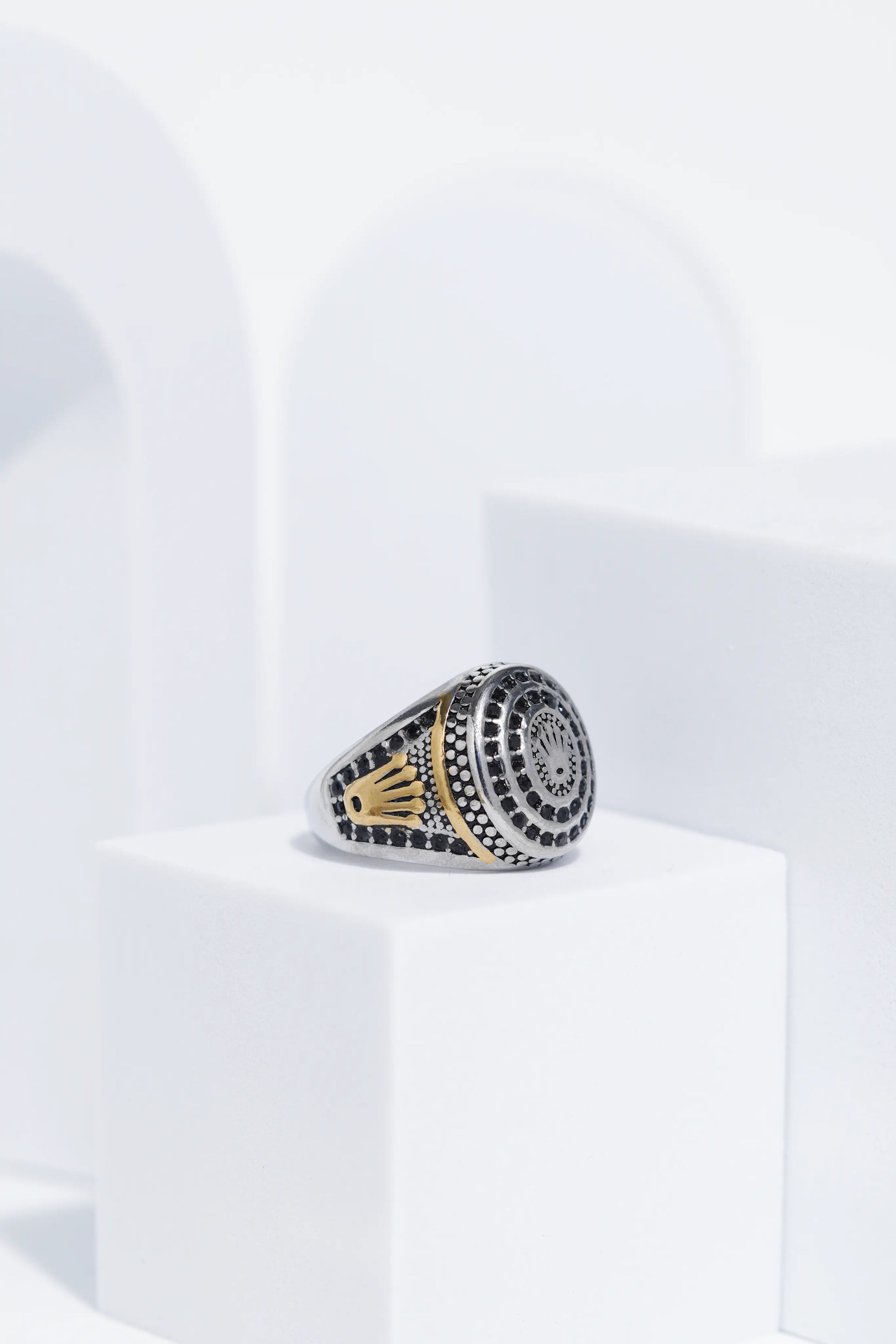Diamond Studded Silver & Golden Textured Stainless Steel Ring For Men. worldjewel.in men's ring