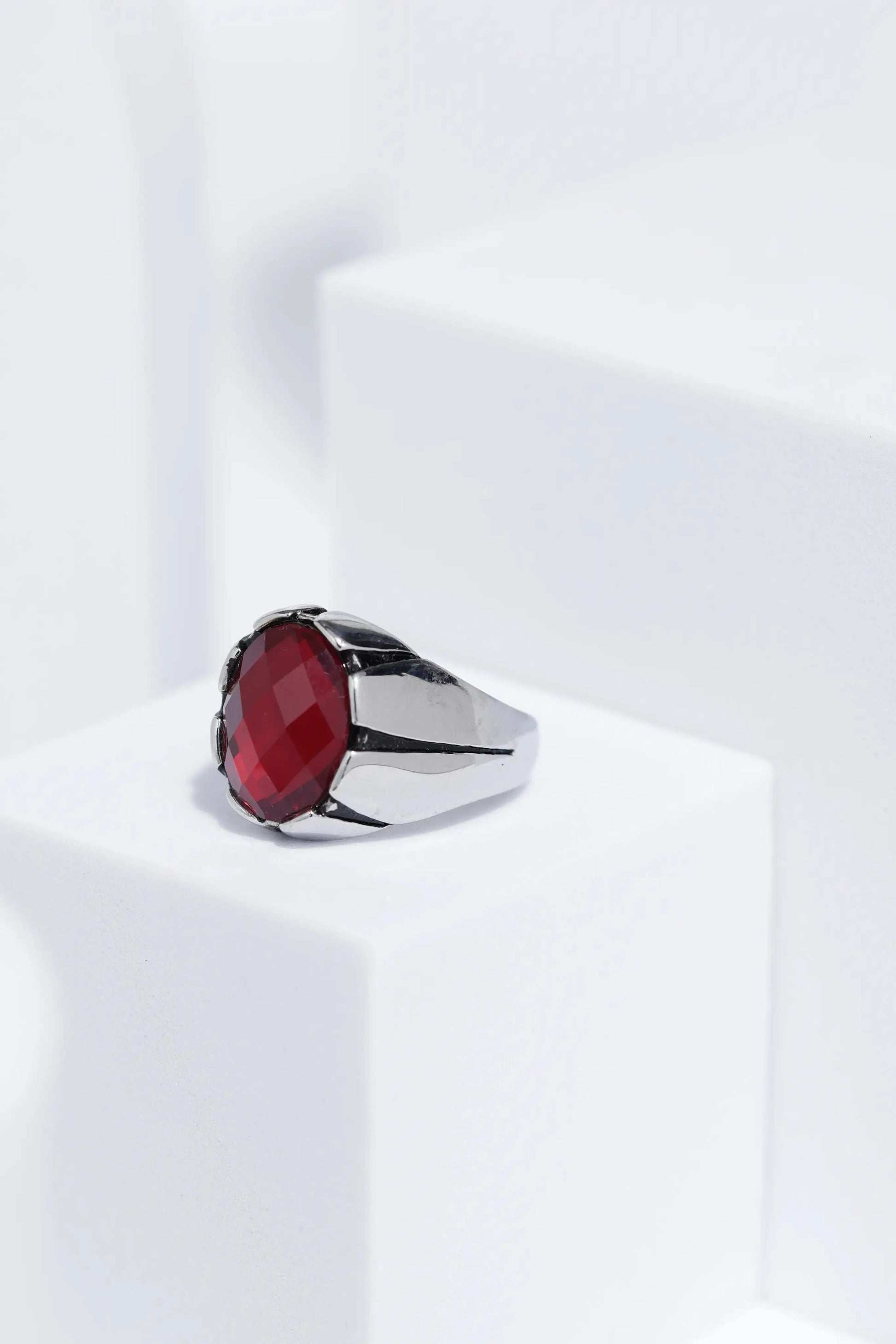 Red Oval Cut Gem Silver Stainless Steel Ring For Men. worldjewel.in men's ring