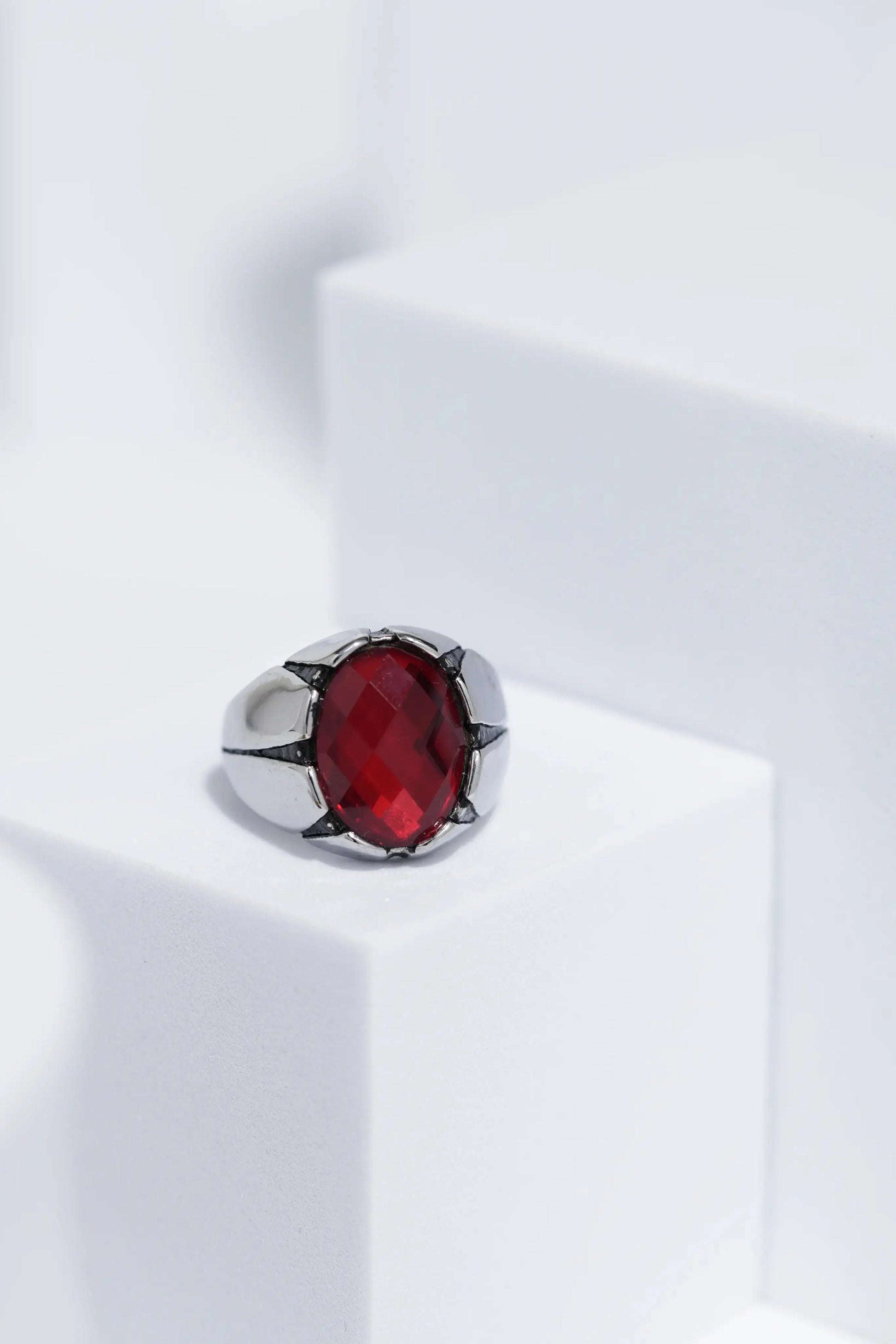 Red Oval Cut Gem Silver Stainless Steel Ring For Men. worldjewel.in men's ring