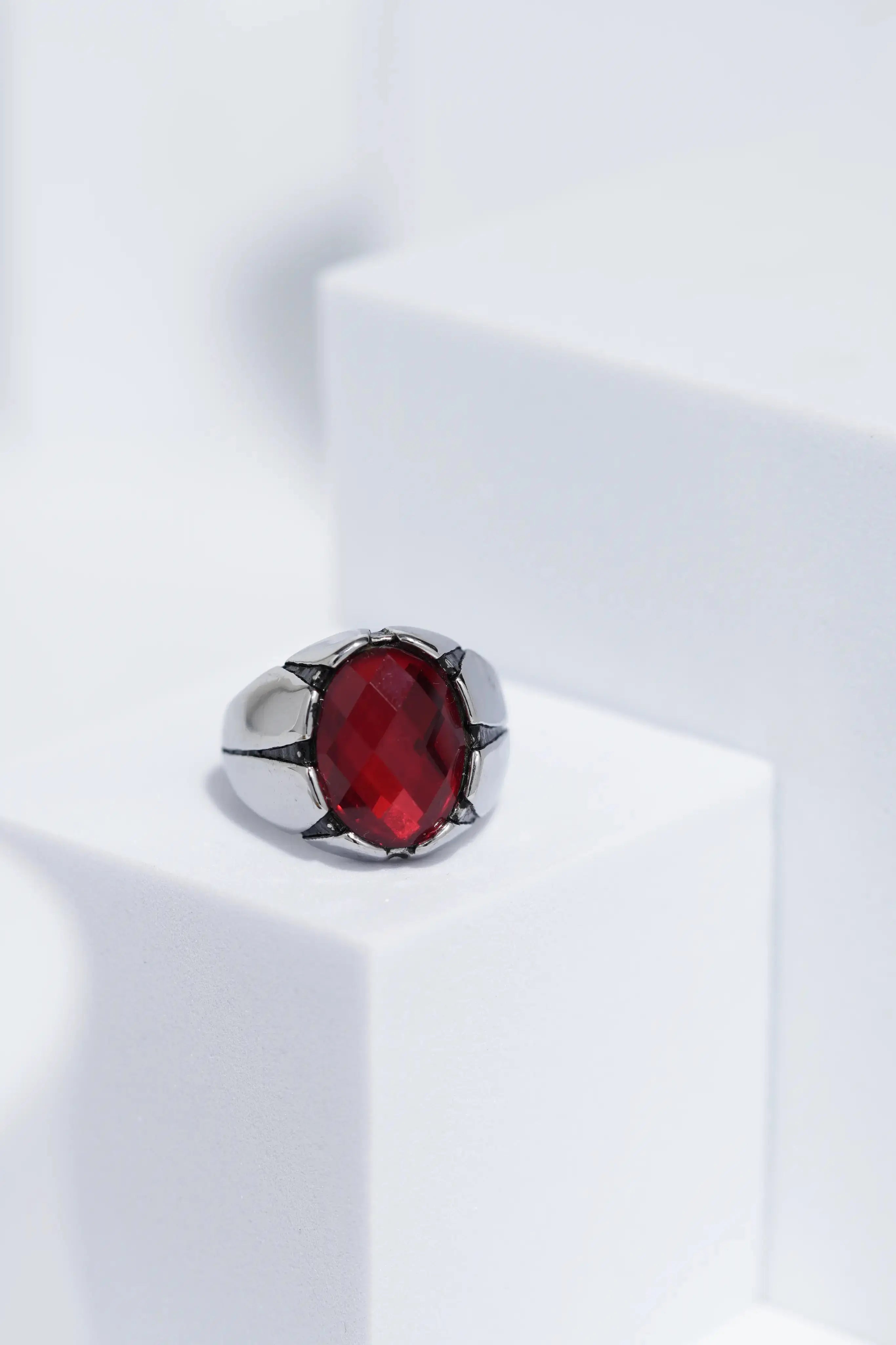 Red Oval Cut Gem Silver Stainless Steel Ring For Men. worldjewel.in men's ring