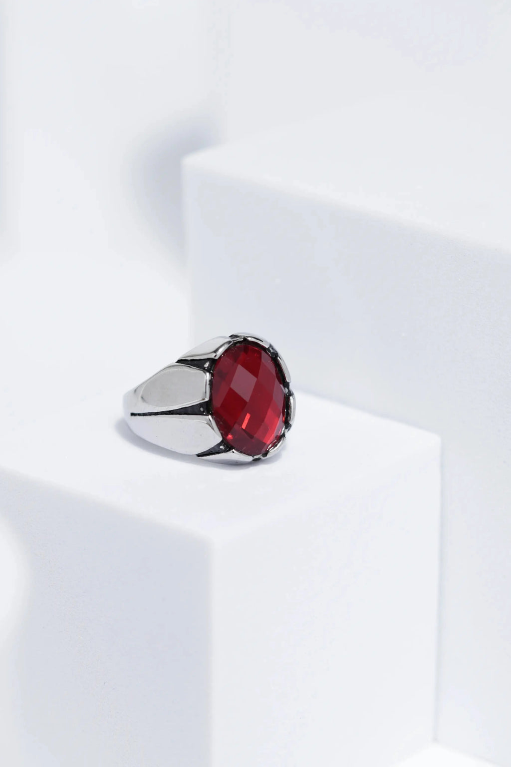 Red Oval Cut Gem Silver Stainless Steel Ring For Men. worldjewel.in men's ring