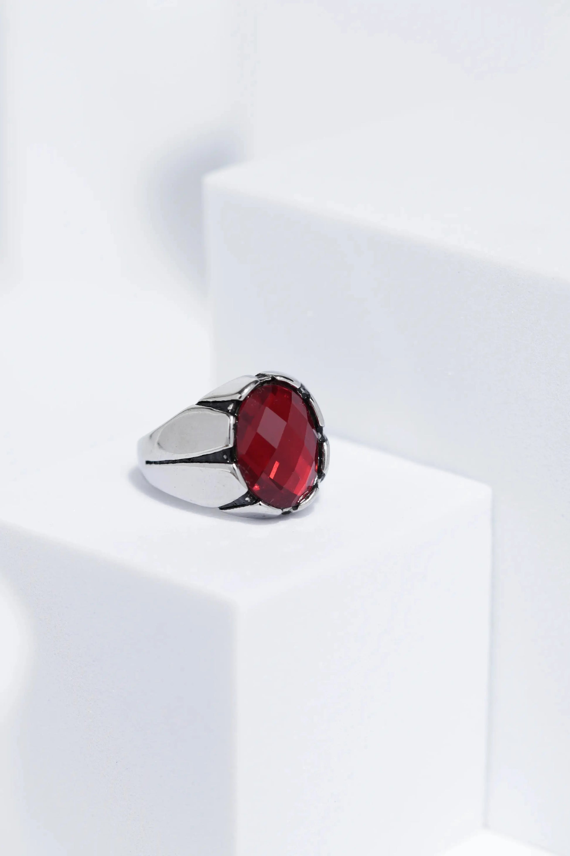 Red Oval Cut Gem Silver Stainless Steel Ring For Men. worldjewel.in men's ring