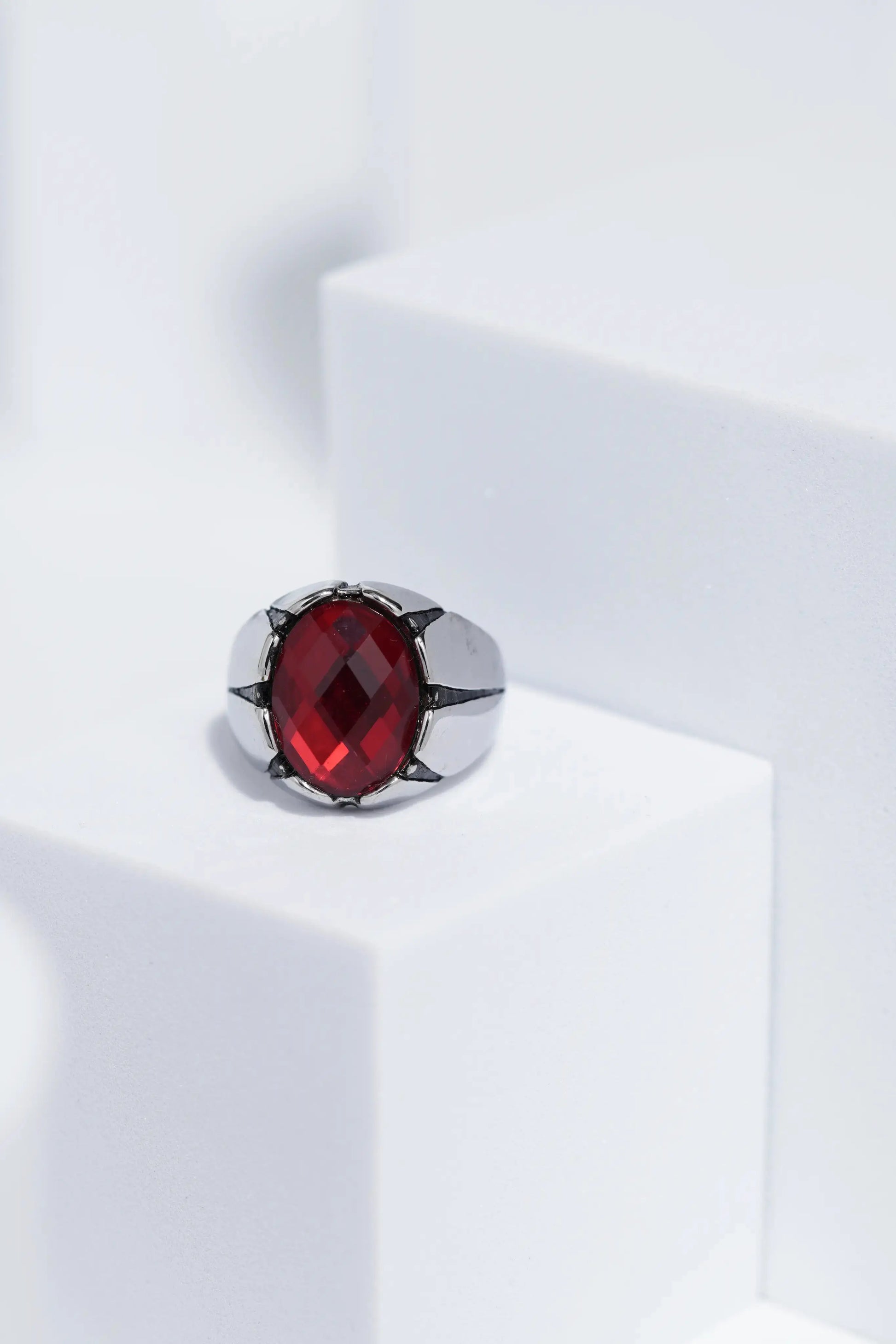 Red Oval Cut Gem Silver Stainless Steel Ring For Men. worldjewel.in men's ring
