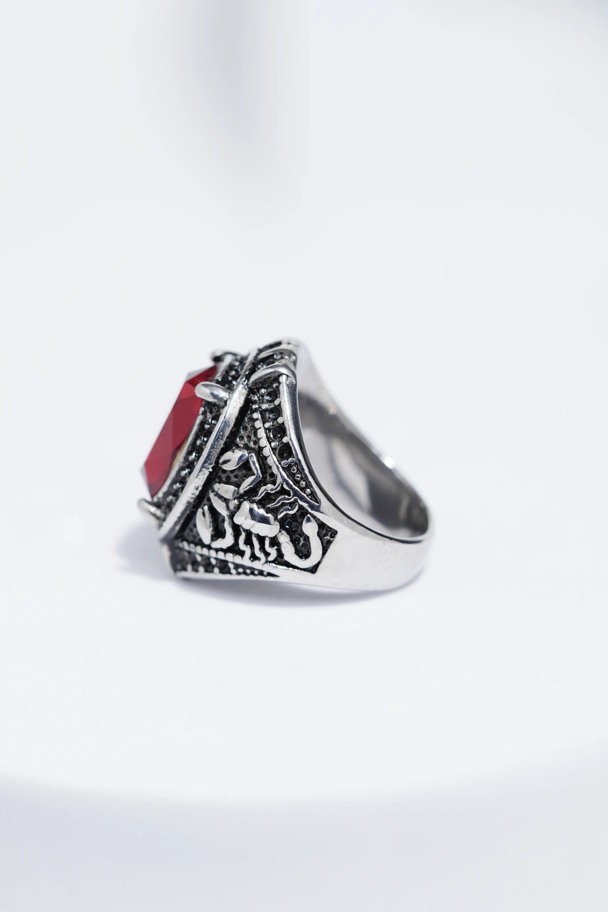 Red Cut Oval Stone In Sliver Color Stainless Steel Ring For Men. worldjewel.in men's ring