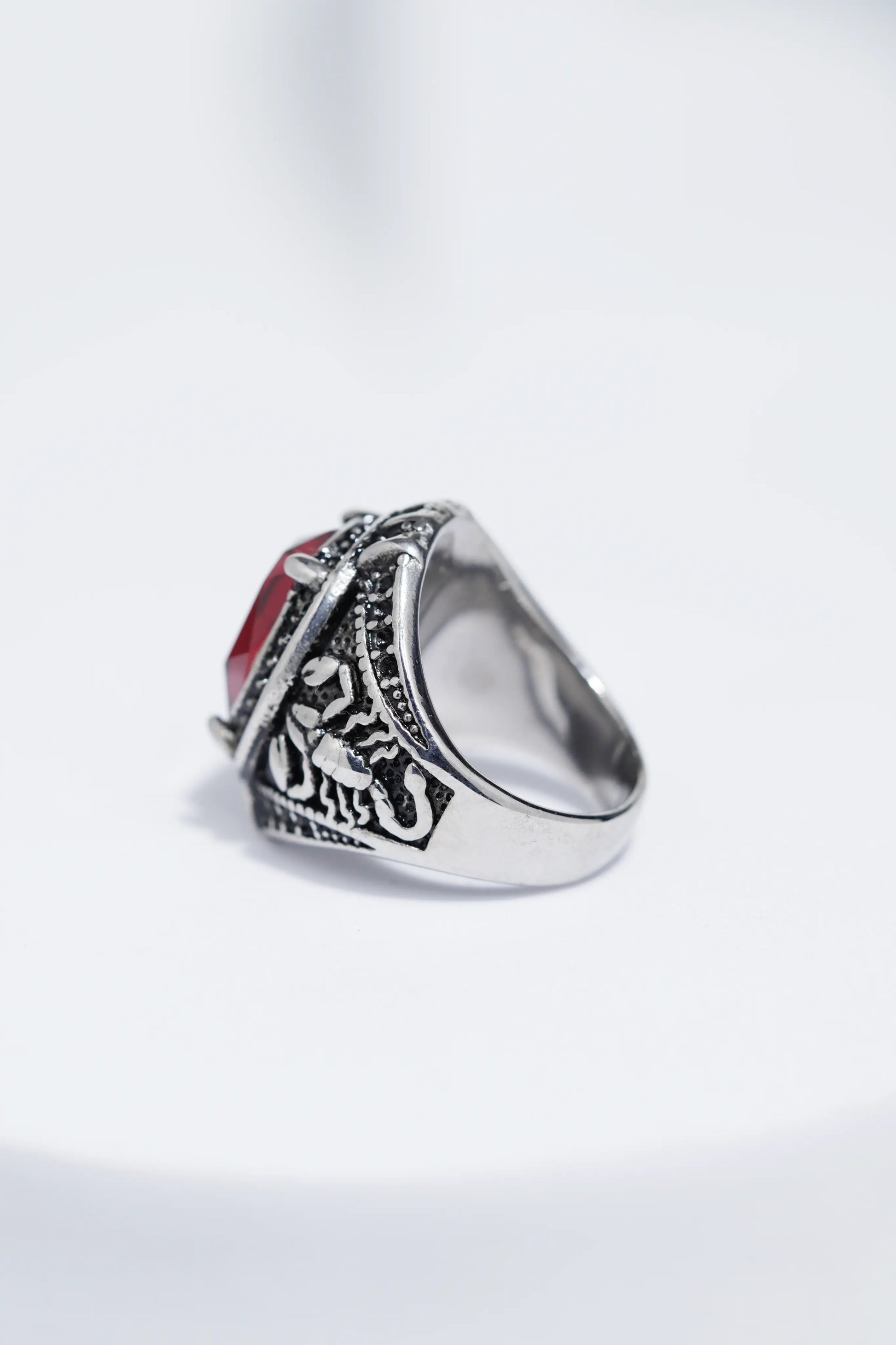 Red Cut Oval Stone In Sliver Color Stainless Steel Ring For Men. worldjewel.in men's ring