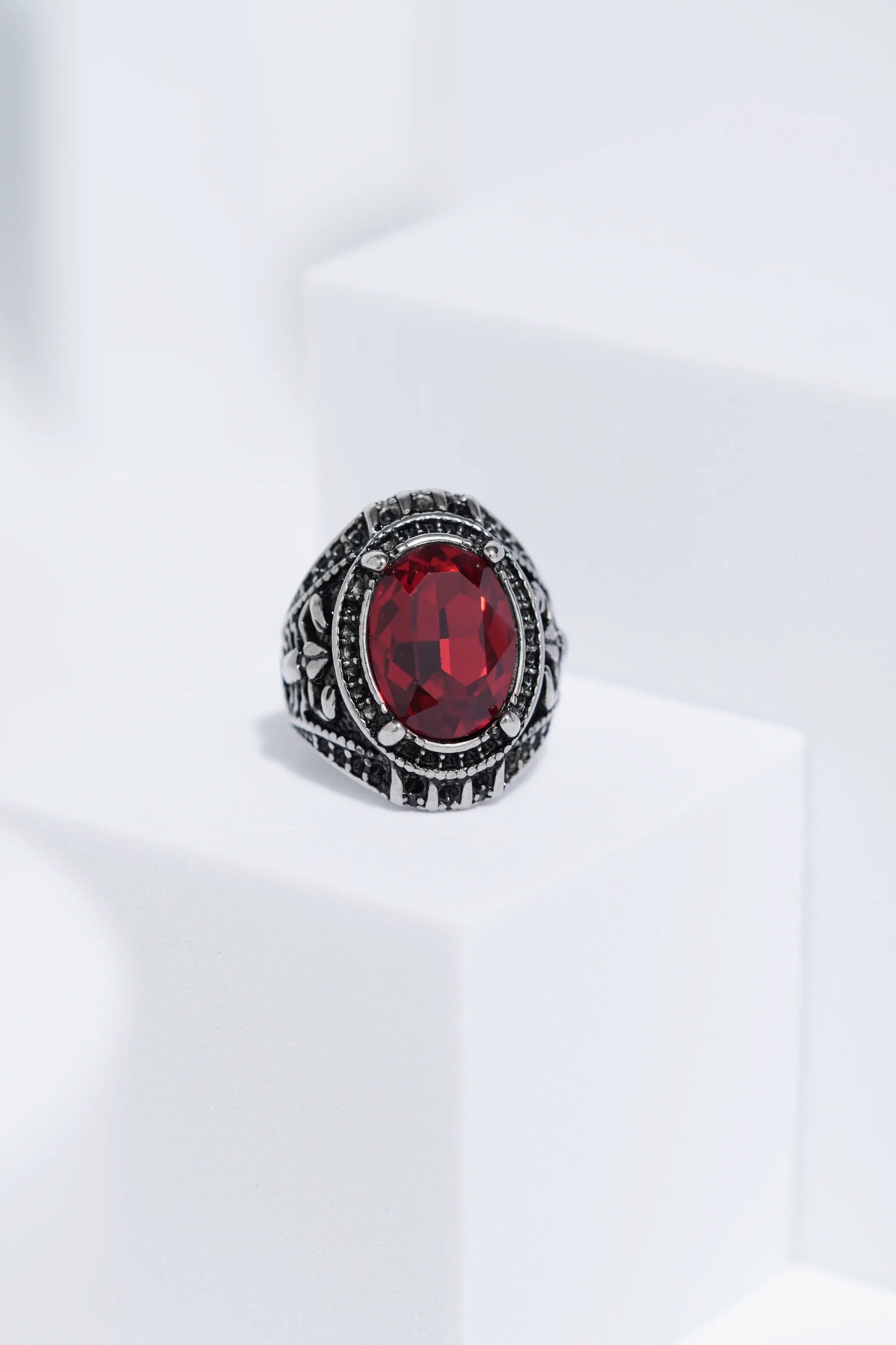 Red Cut Oval Stone In Sliver Color Stainless Steel Ring For Men. worldjewel.in men's ring