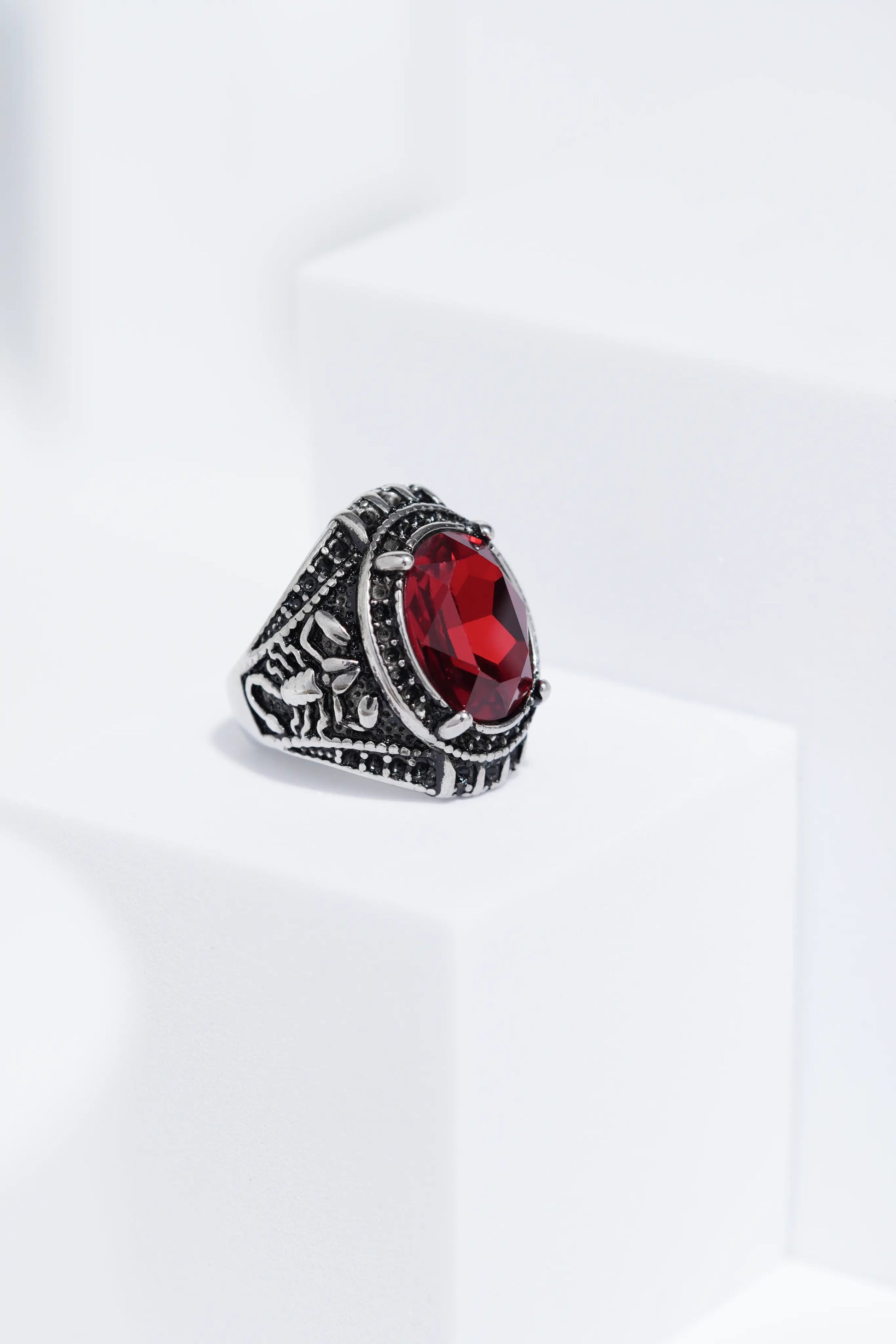 Red Cut Oval Stone In Sliver Color Stainless Steel Ring For Men. worldjewel.in men's ring