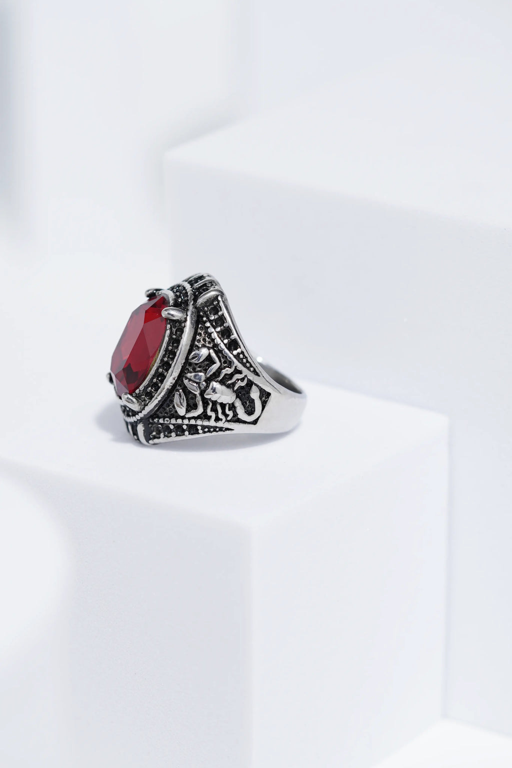 Red Cut Oval Stone In Sliver Color Stainless Steel Ring For Men. worldjewel.in men's ring