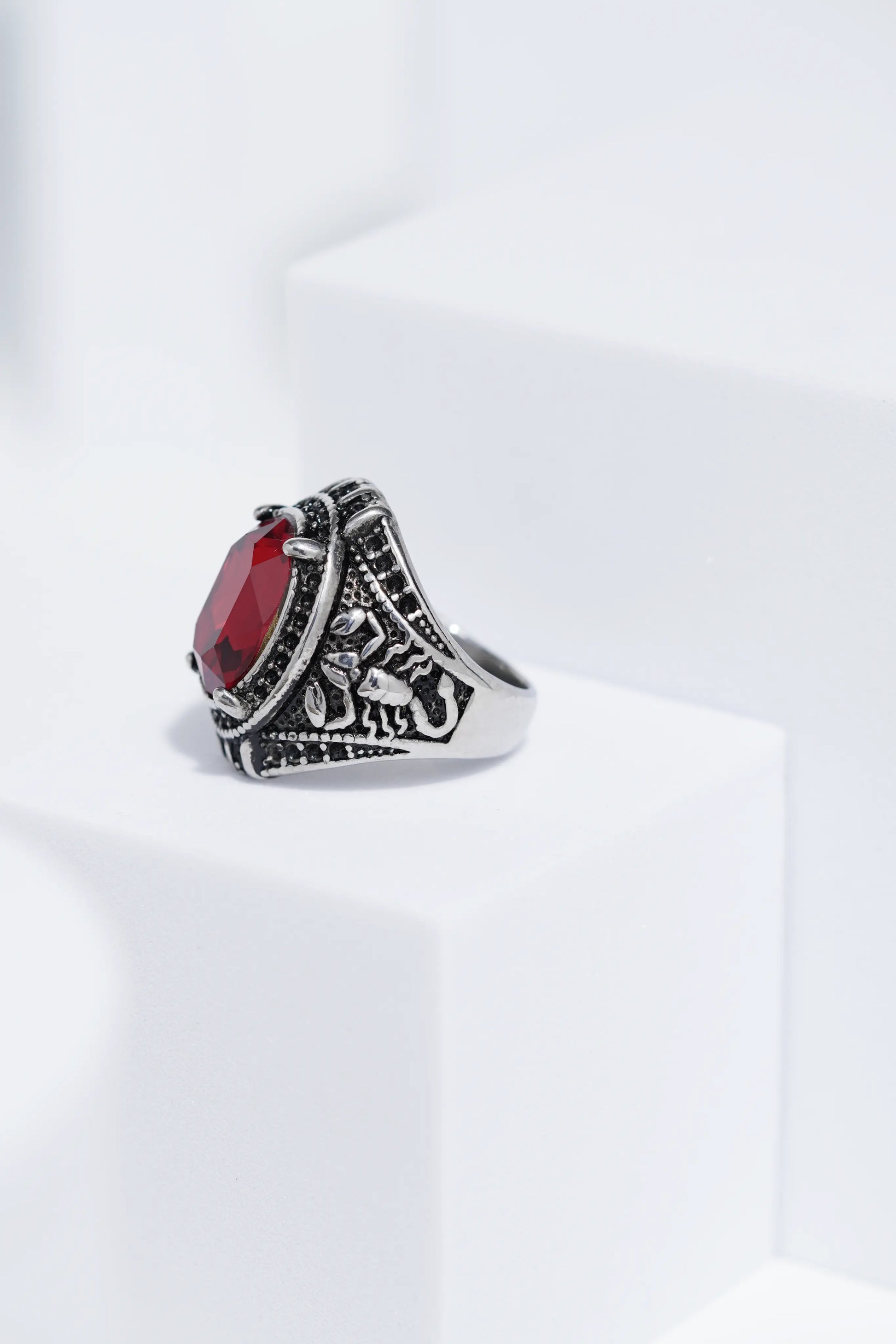 Red Cut Oval Stone In Sliver Color Stainless Steel Ring For Men. worldjewel.in men's ring