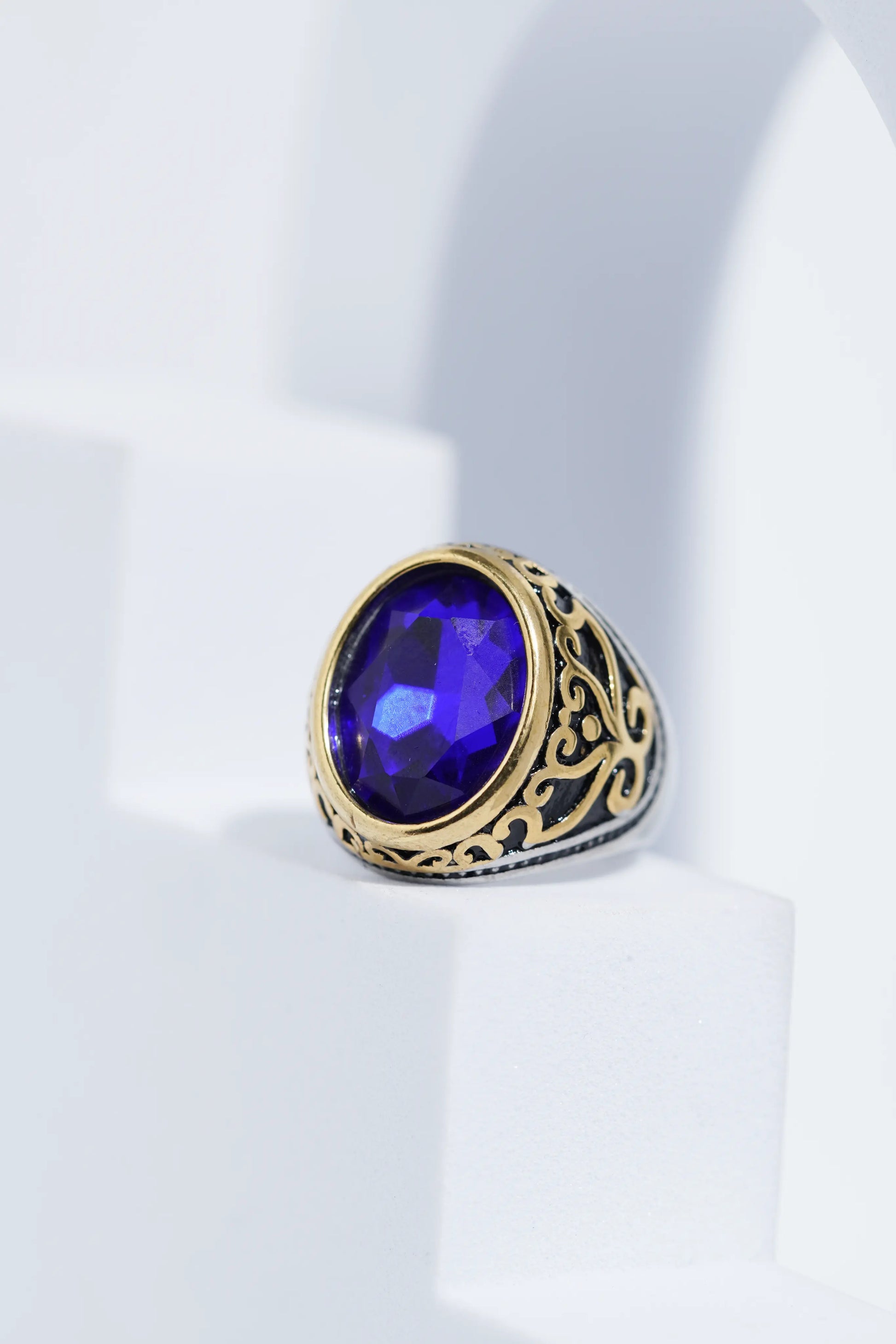 Two-Tone Oval Blue Stone Ring For Men worldjewel.in men's ring