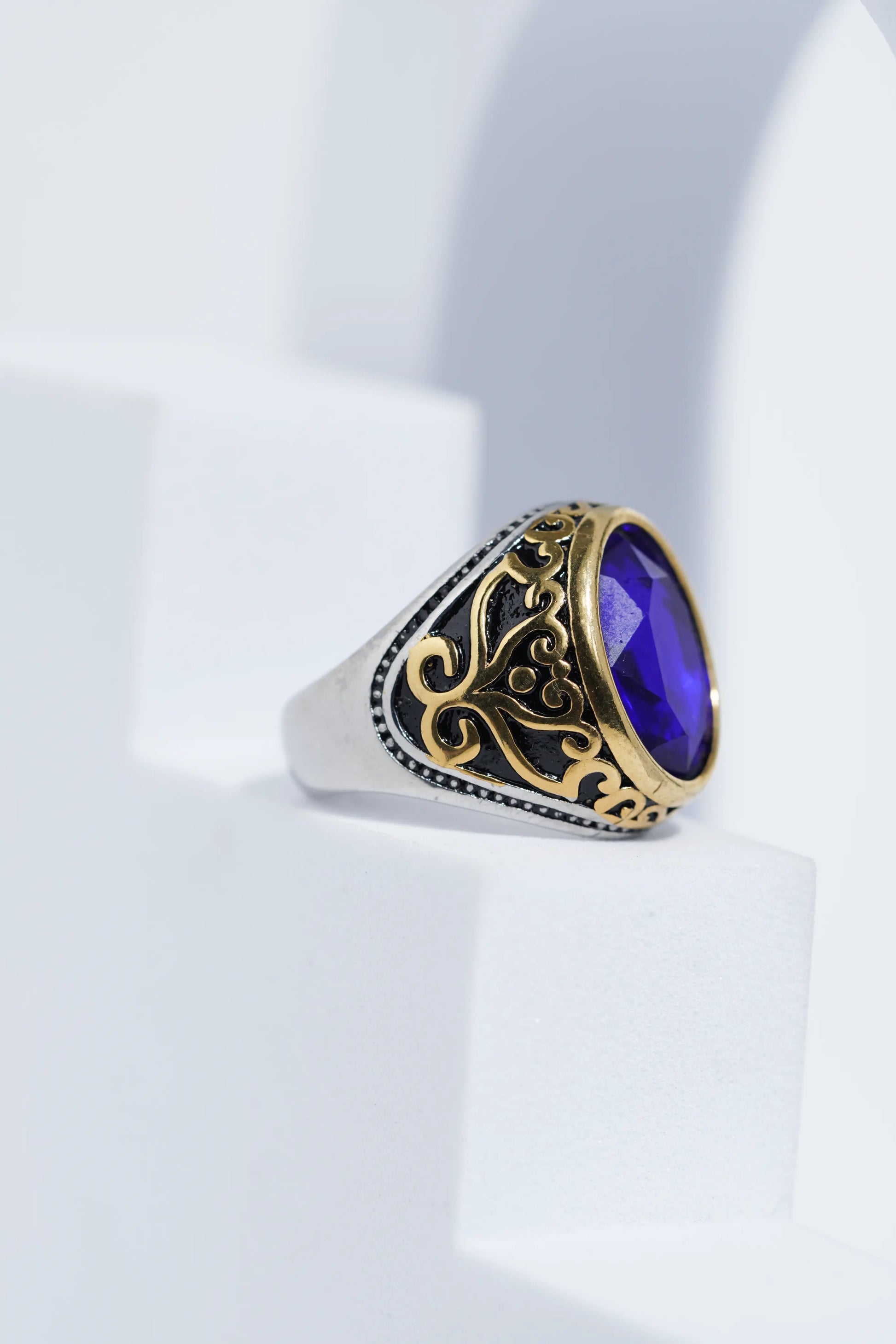 Two-Tone Oval Blue Stone Ring For Men worldjewel.in men's ring