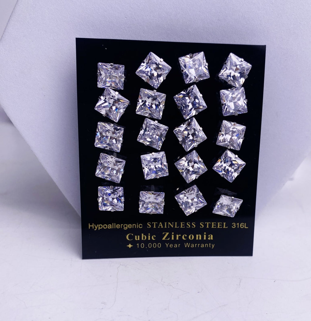 8: Bold Square Cuban Zircon Diamound Studs UNISEX Set of 20pcs. (8 MM)