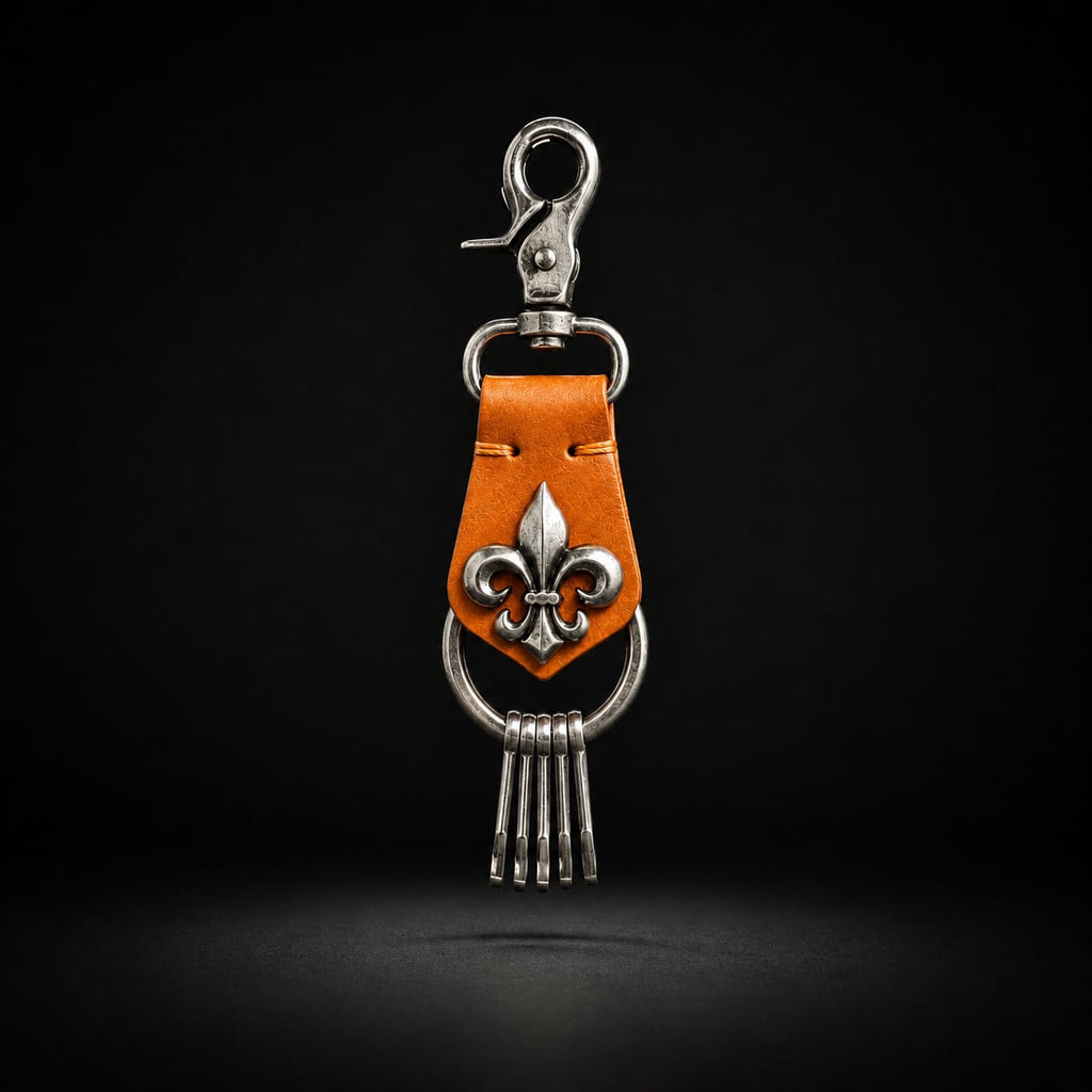 Gothic Fleur-de-lis Leather Keychain ( Burnt Orange )