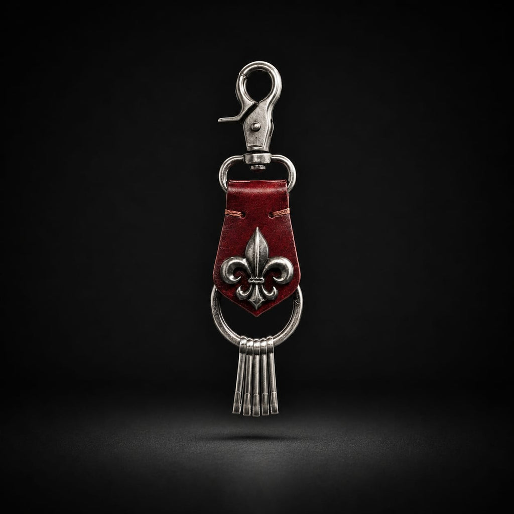 Gothic Fleur-de-lis Leather Keychain ( Vine Red )