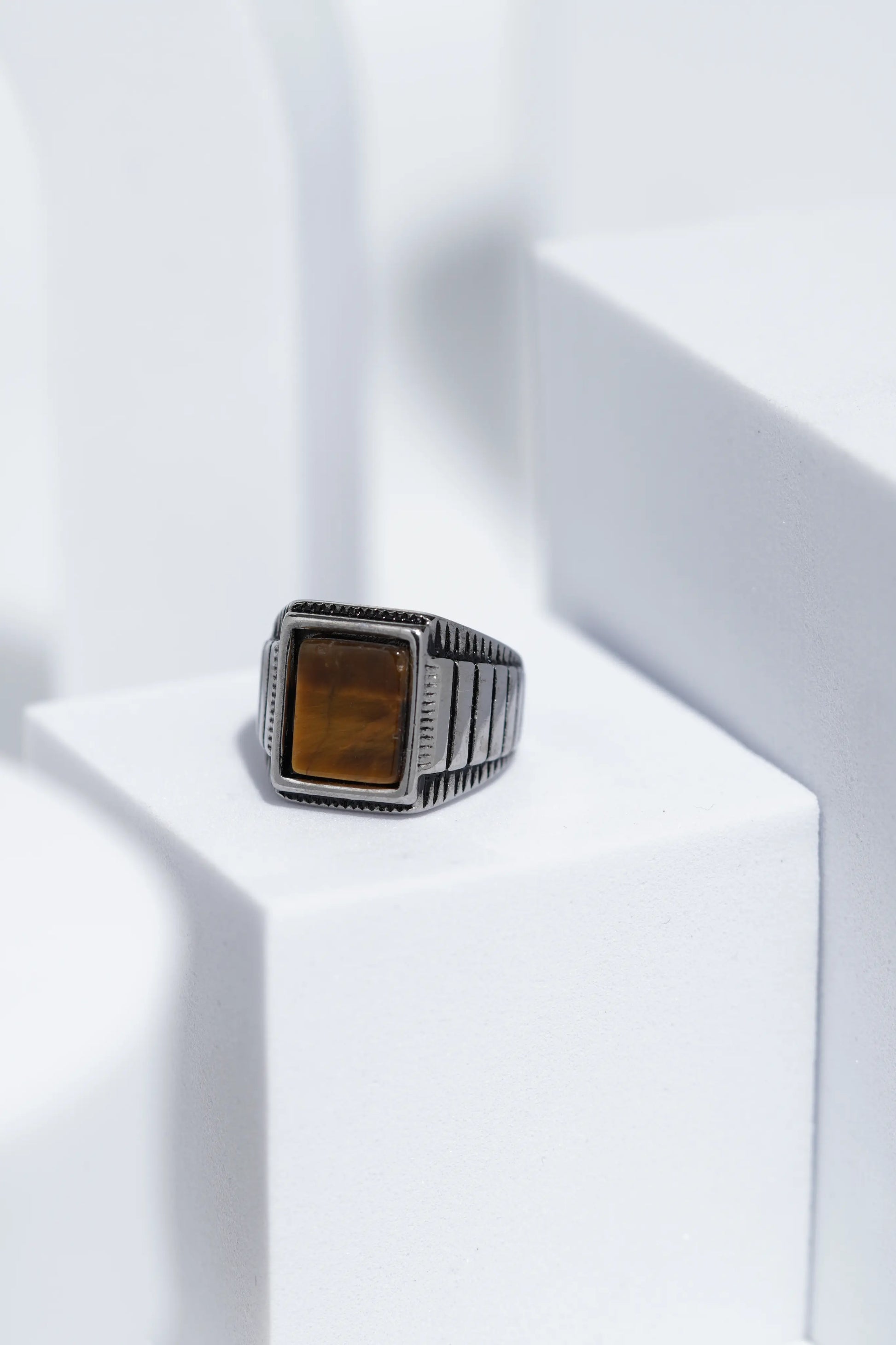 Wooden Textured Square Stone Silver Stainless Steel Ring For Men. worldjewel.in men's ring