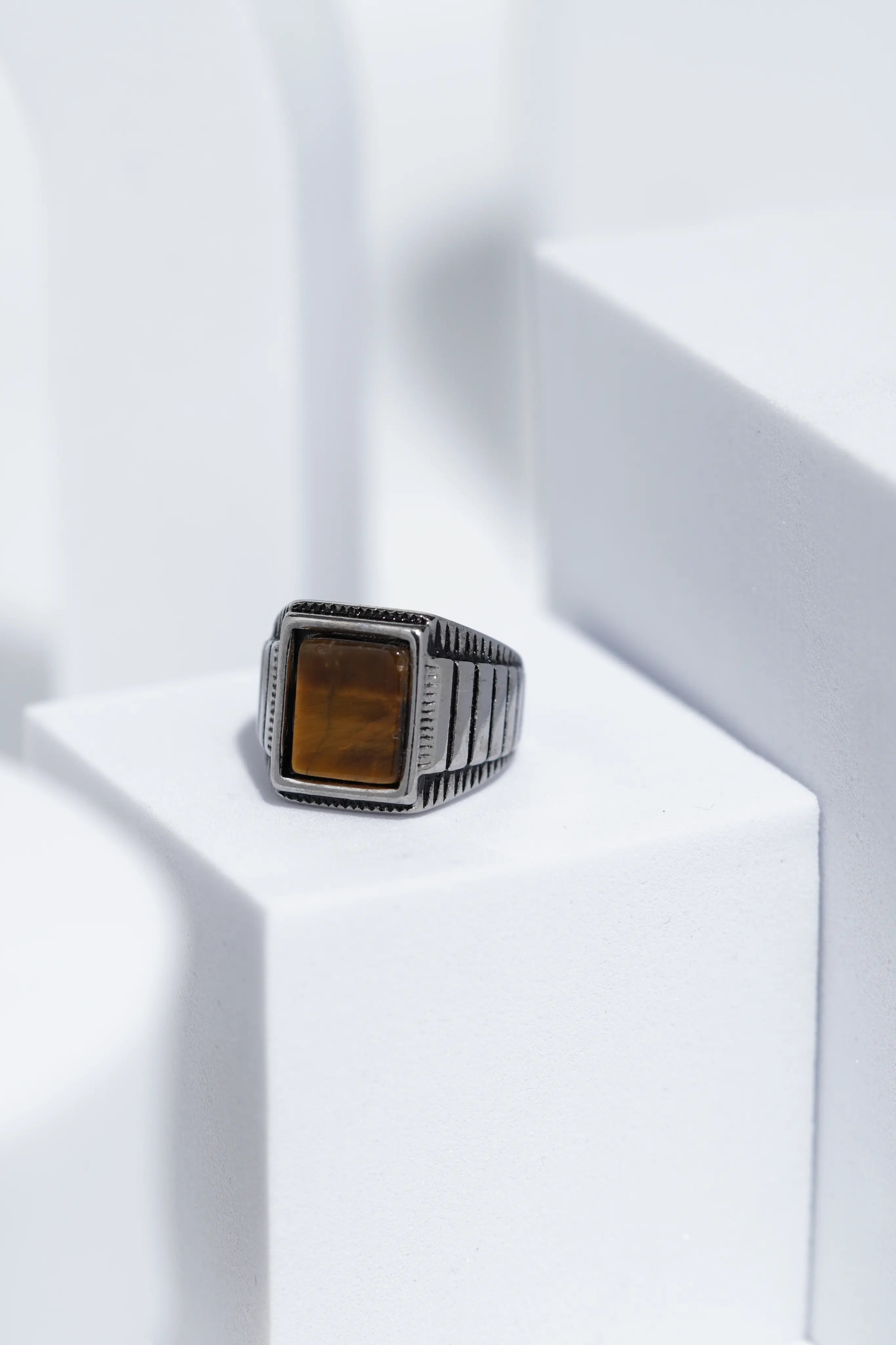 Wooden Textured Square Stone Silver Stainless Steel Ring For Men. worldjewel.in men's ring