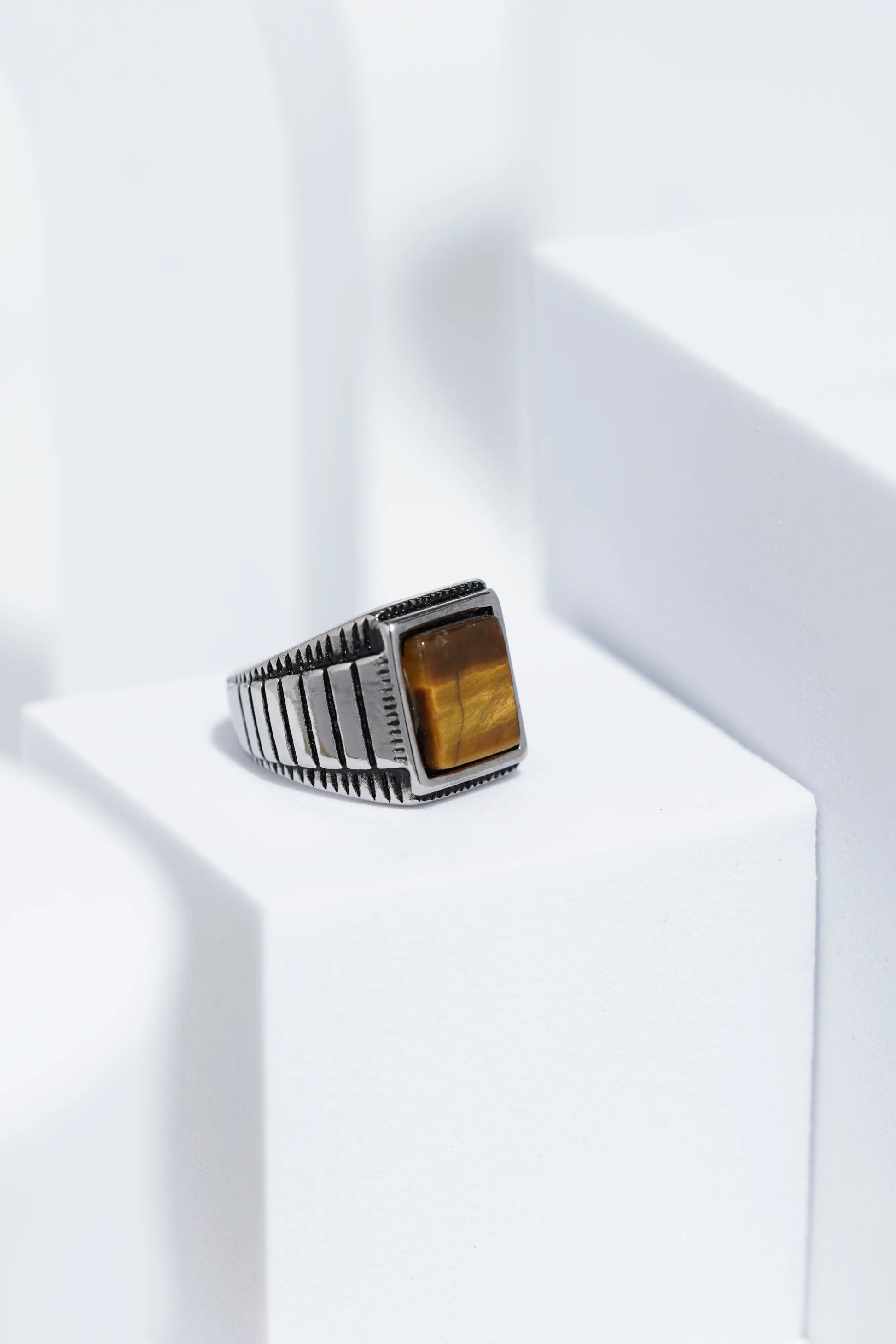 Wooden Textured Square Stone Silver Stainless Steel Ring For Men. worldjewel.in men's ring