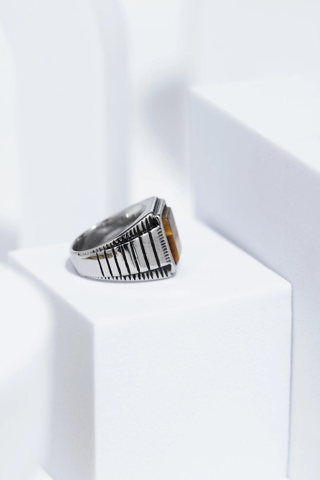 Wooden Textured Square Stone Silver Stainless Steel Ring For Men. worldjewel.in men's ring