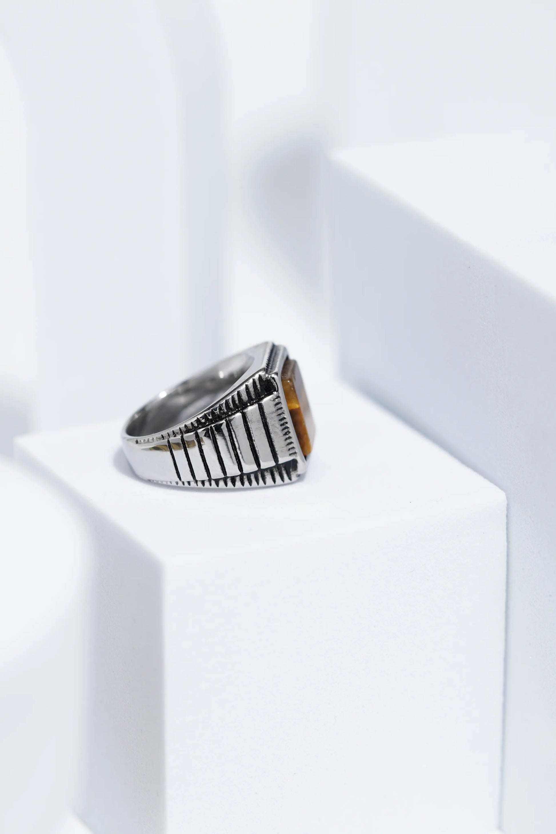 Wooden Textured Square Stone Silver Stainless Steel Ring For Men. worldjewel.in men's ring