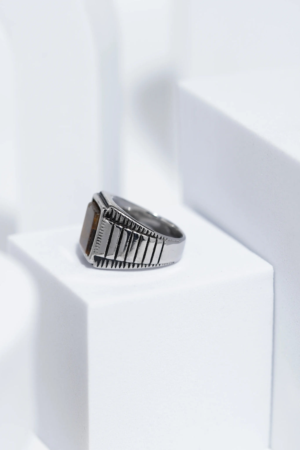 Wooden Textured Square Stone Silver Stainless Steel Ring For Men. worldjewel.in men's ring