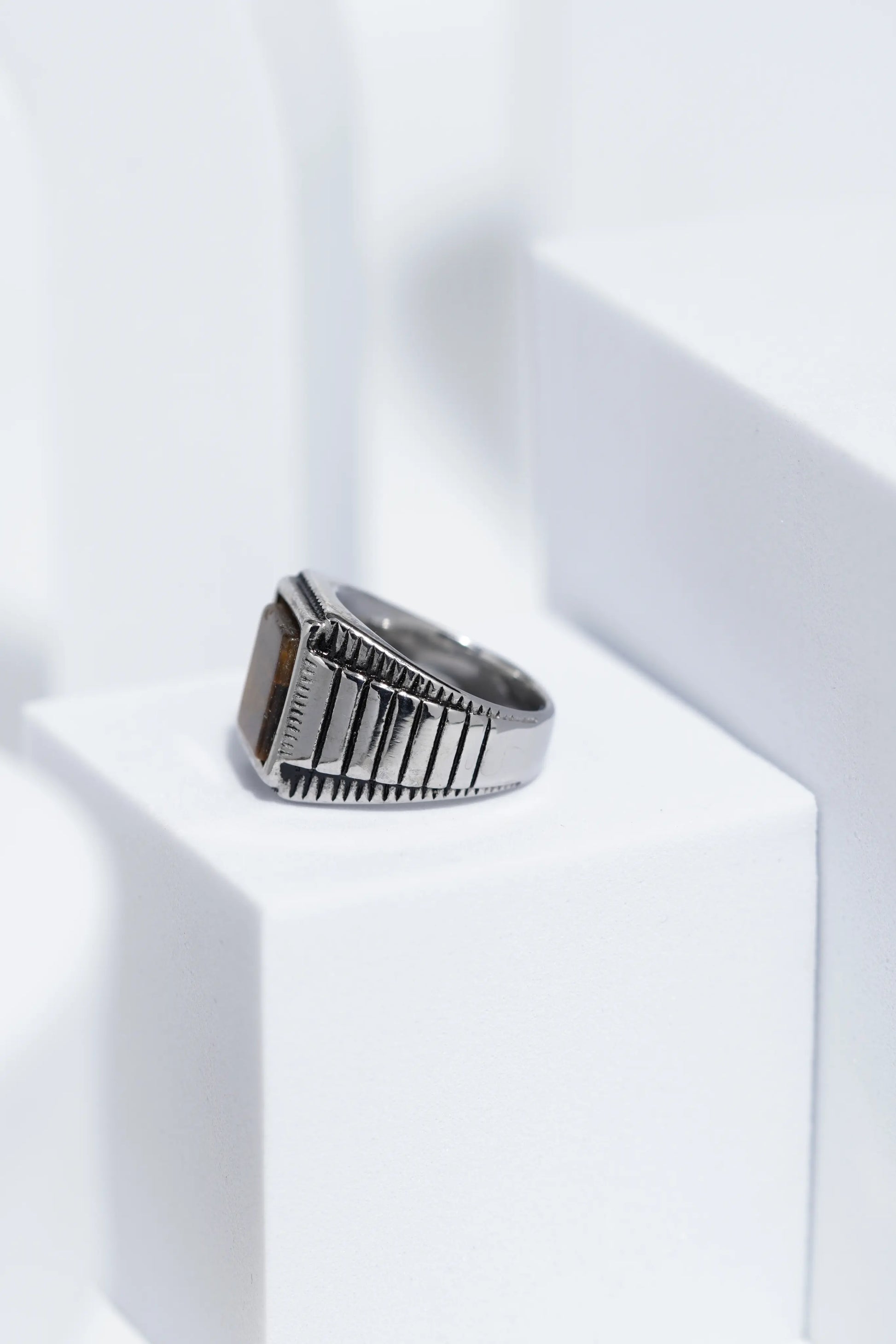 Wooden Textured Square Stone Silver Stainless Steel Ring For Men. worldjewel.in men's ring