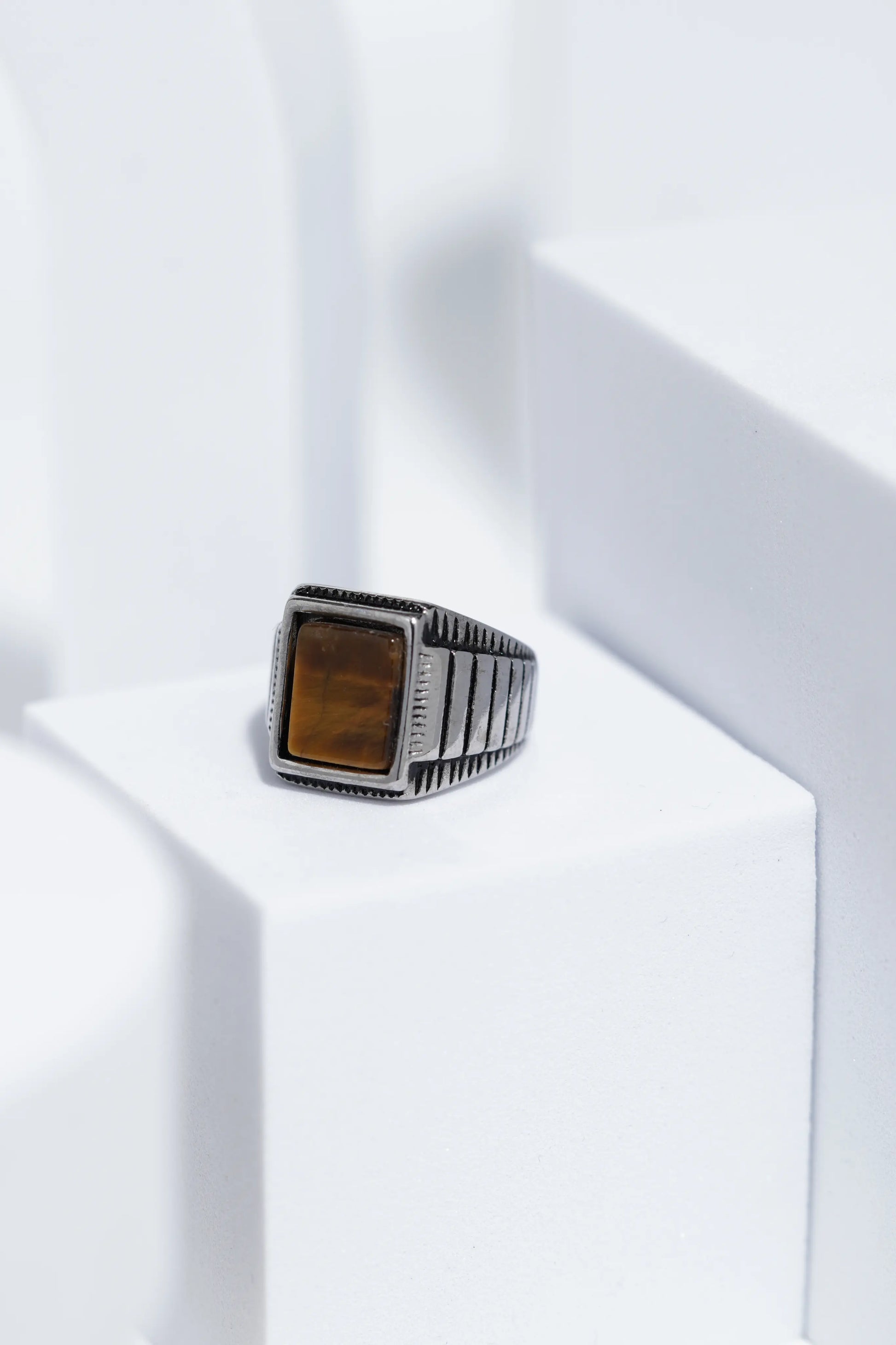 Wooden Textured Square Stone Silver Stainless Steel Ring For Men. worldjewel.in men's ring