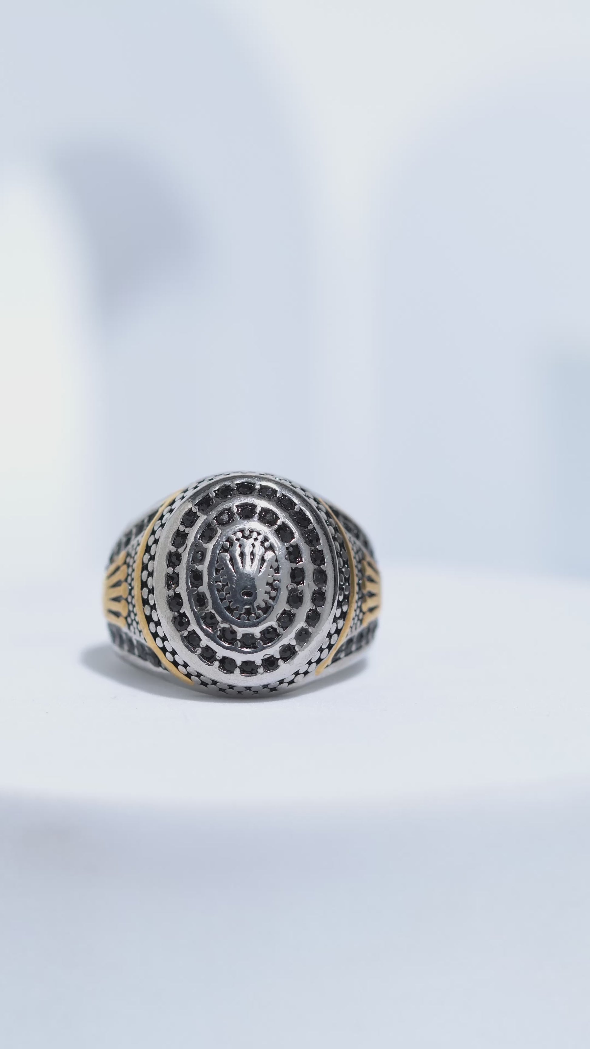 Diamond Studded Silver & Golden Textured Stainless Steel Ring For Men.