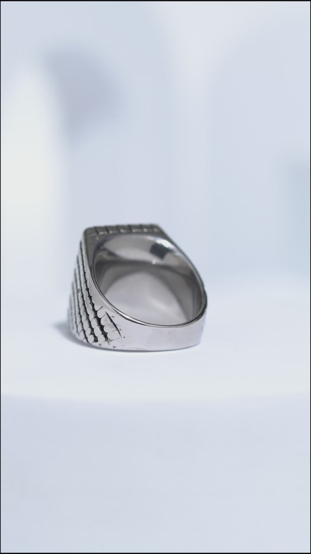 Blue Cut Stone Rectangle Silver Textured Turkish Ring For Men.