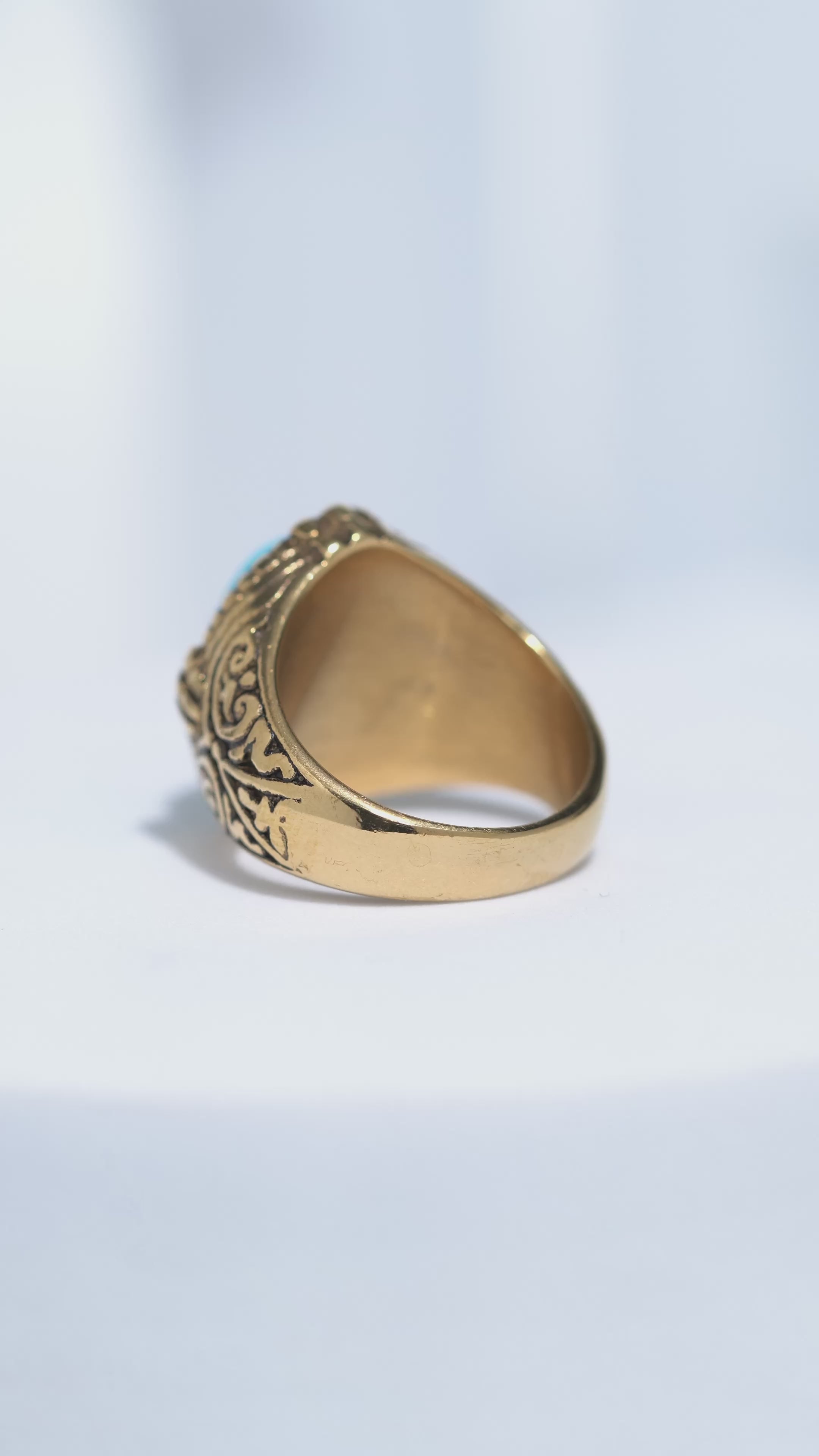Blue Stone Golden Textured Stainless Steel Ring For Men.