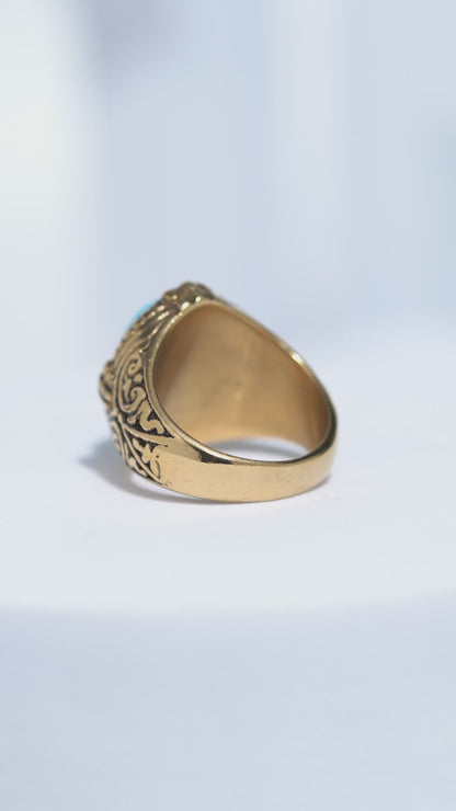 Blue Stone Golden Textured Stainless Steel Ring For Men.